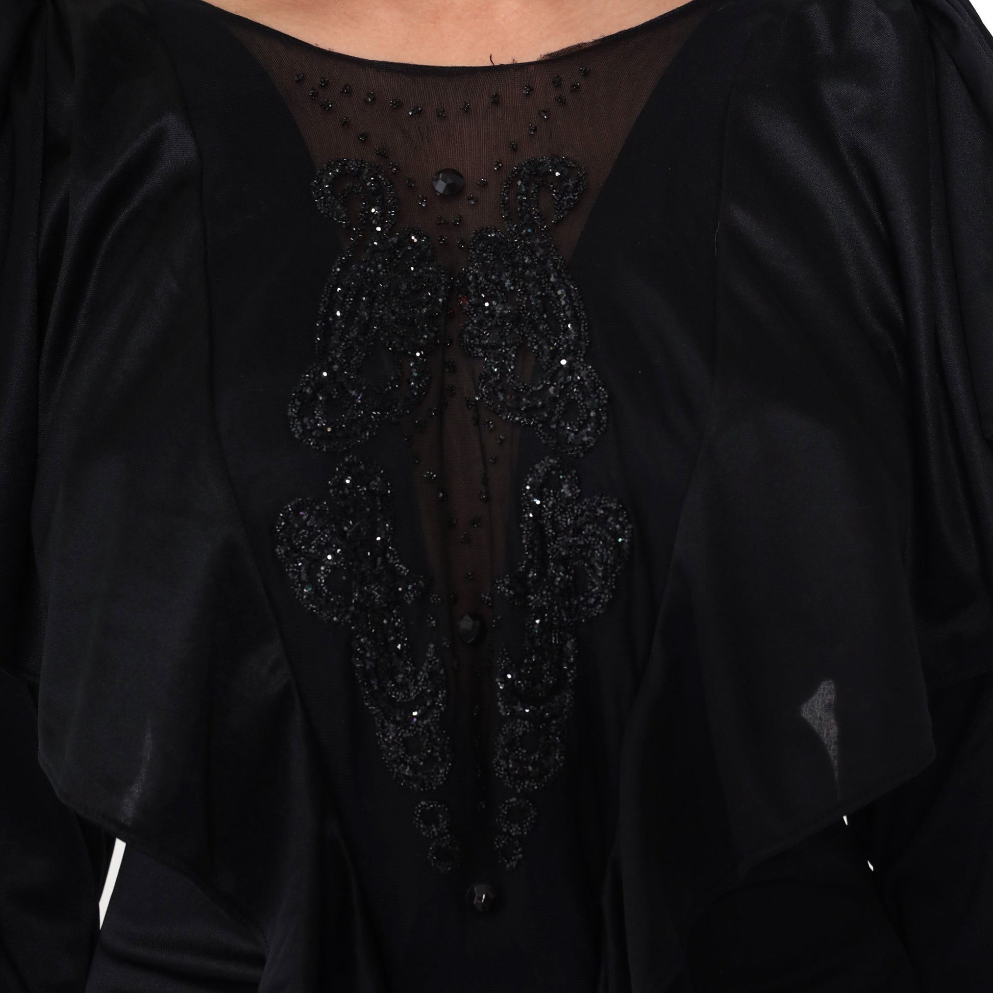 80s Black Beaded Midi Dress Cape Sleeve Open Back Ruched Medium