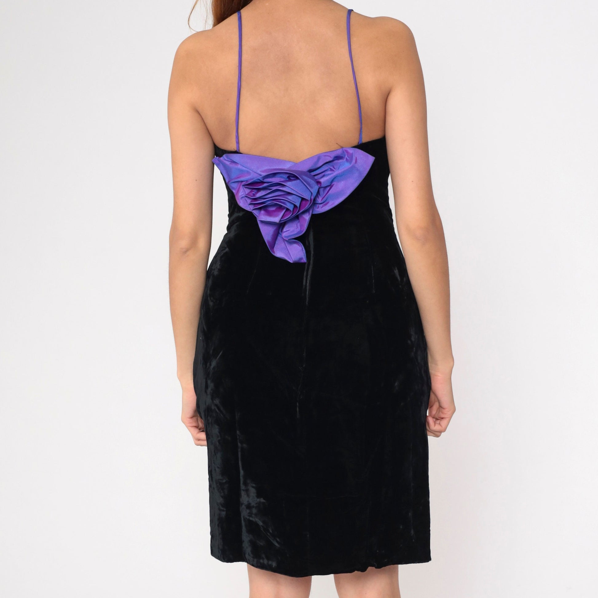 80s Black Velvet Mini Dress Purple Rosette Sweetheart Neckline Medium