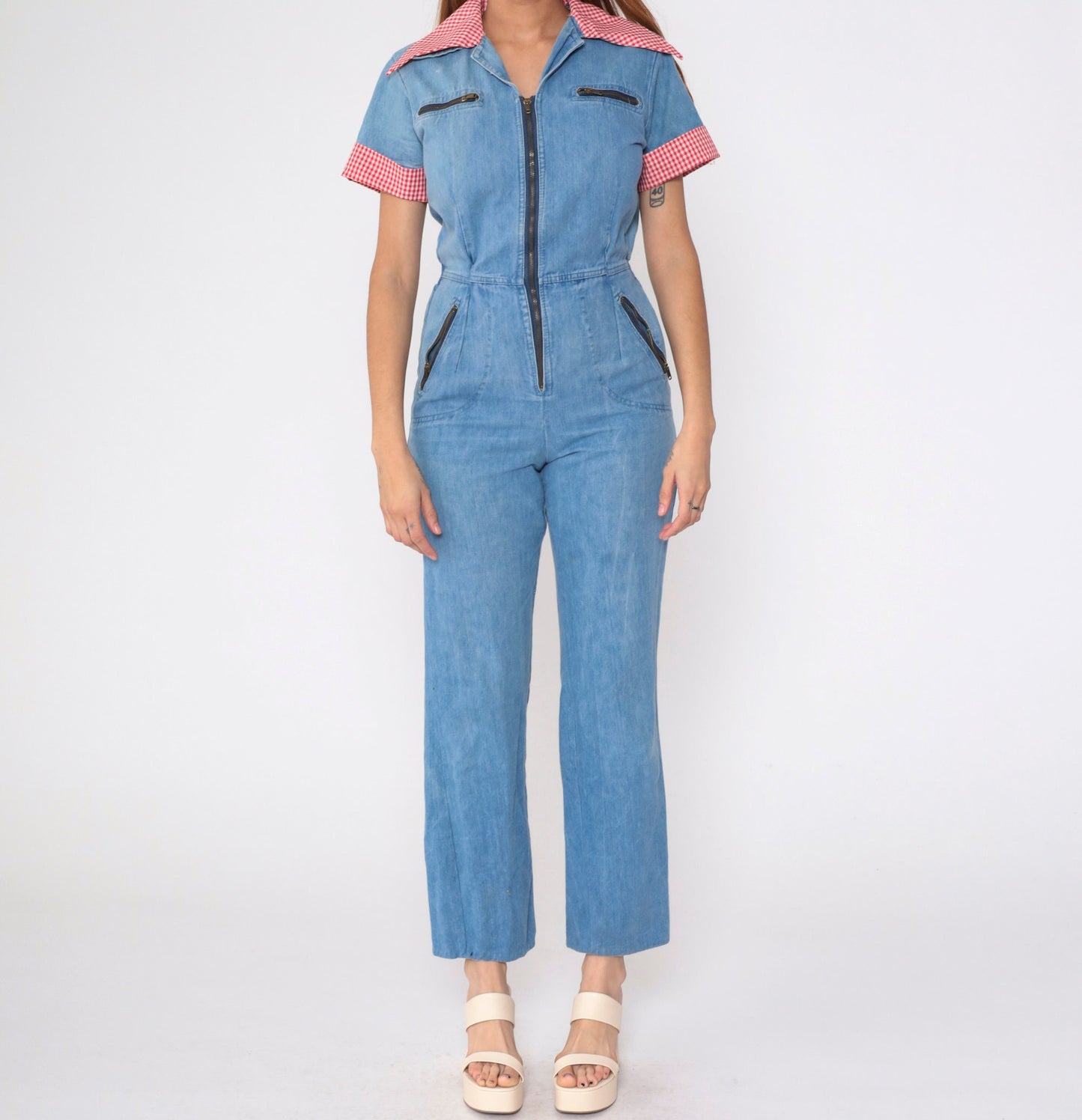 70s Blue Denim Jumpsuit Red Gingham Collar Short Sleeve Straight Leg Small