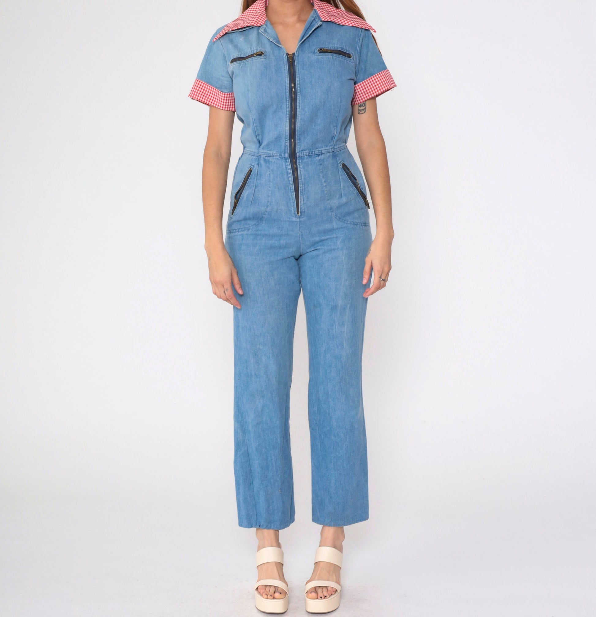 70s Blue Denim Jumpsuit Red Gingham Collar Short Sleeve Straight Leg Small