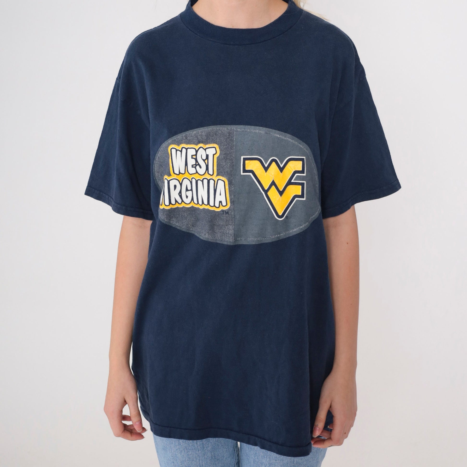 90s West Virginia University Mountaineer Graphic T-Shirt Navy Medium