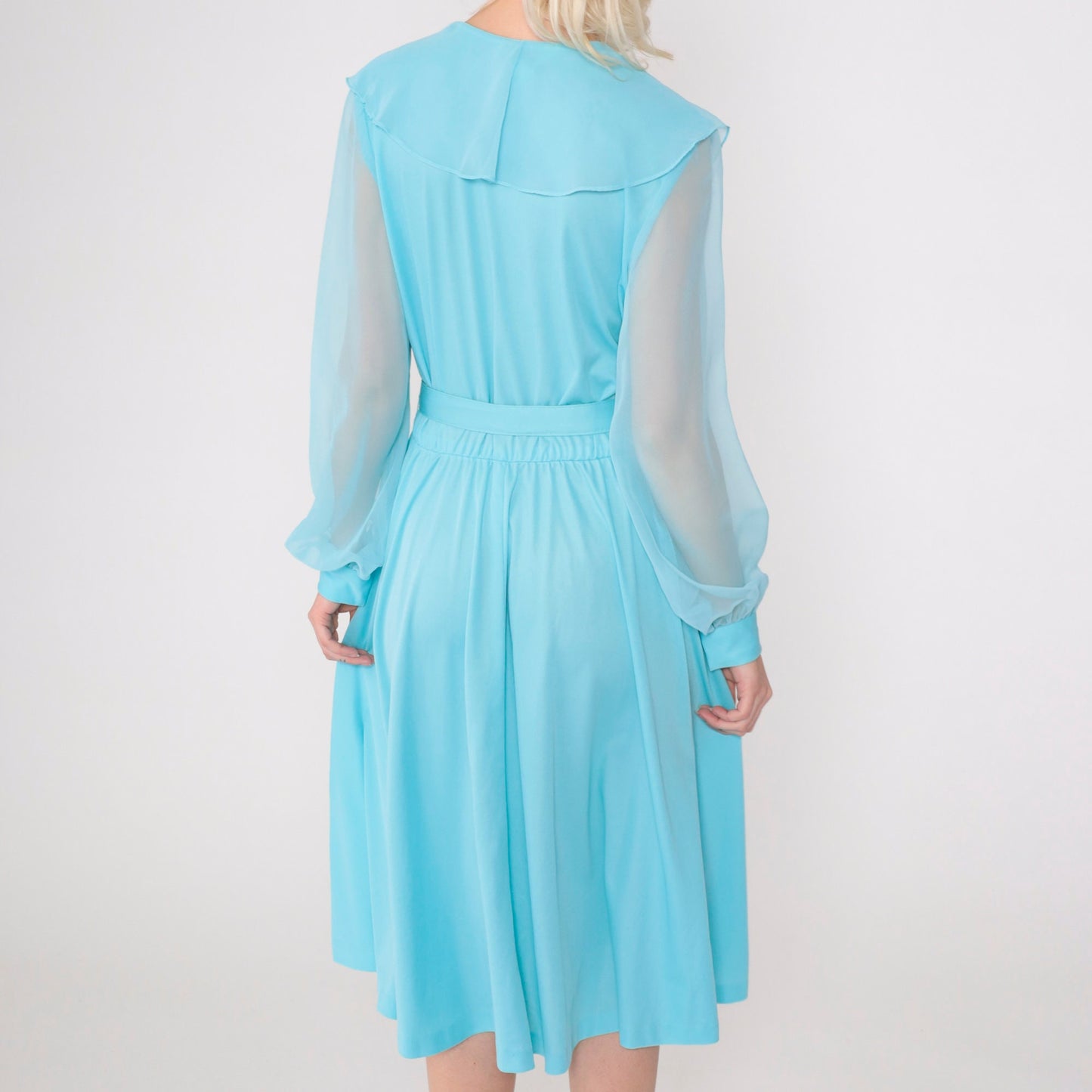 70s Blue Chiffon Midi Dress Ruffled V-Neck High Waist Sheer Sleeves Medium M