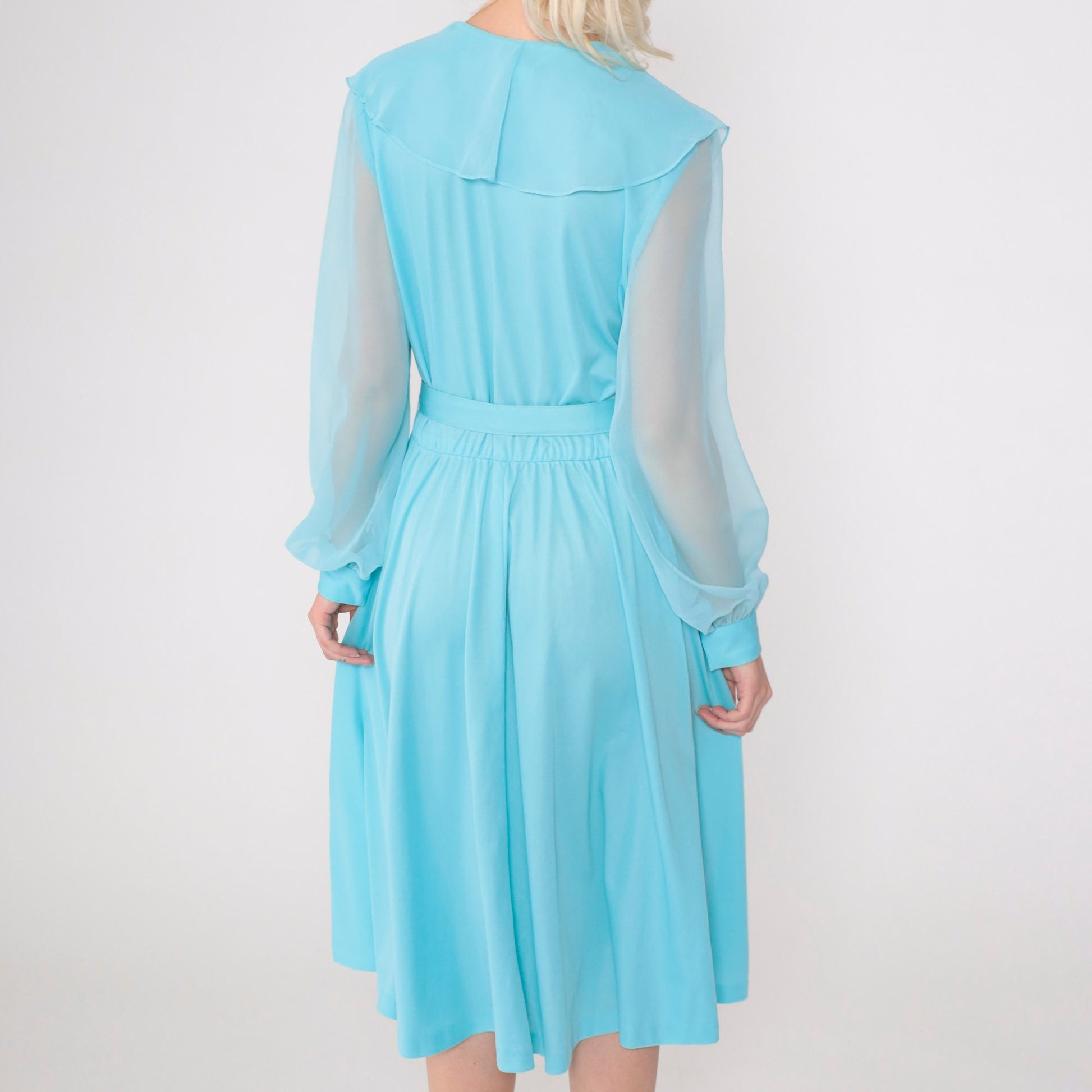 70s Blue Chiffon Midi Dress Ruffled V-Neck High Waist Sheer Sleeves Medium M