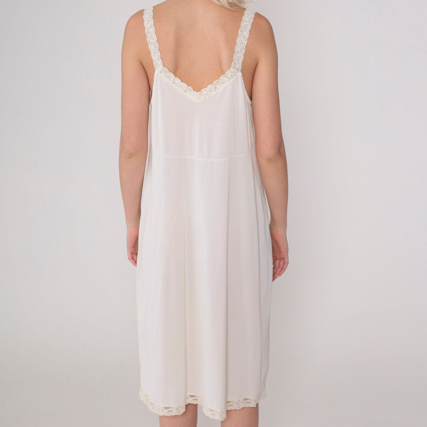 80s White Slip Dress Lace Trim Empire Waist Knee Length Large