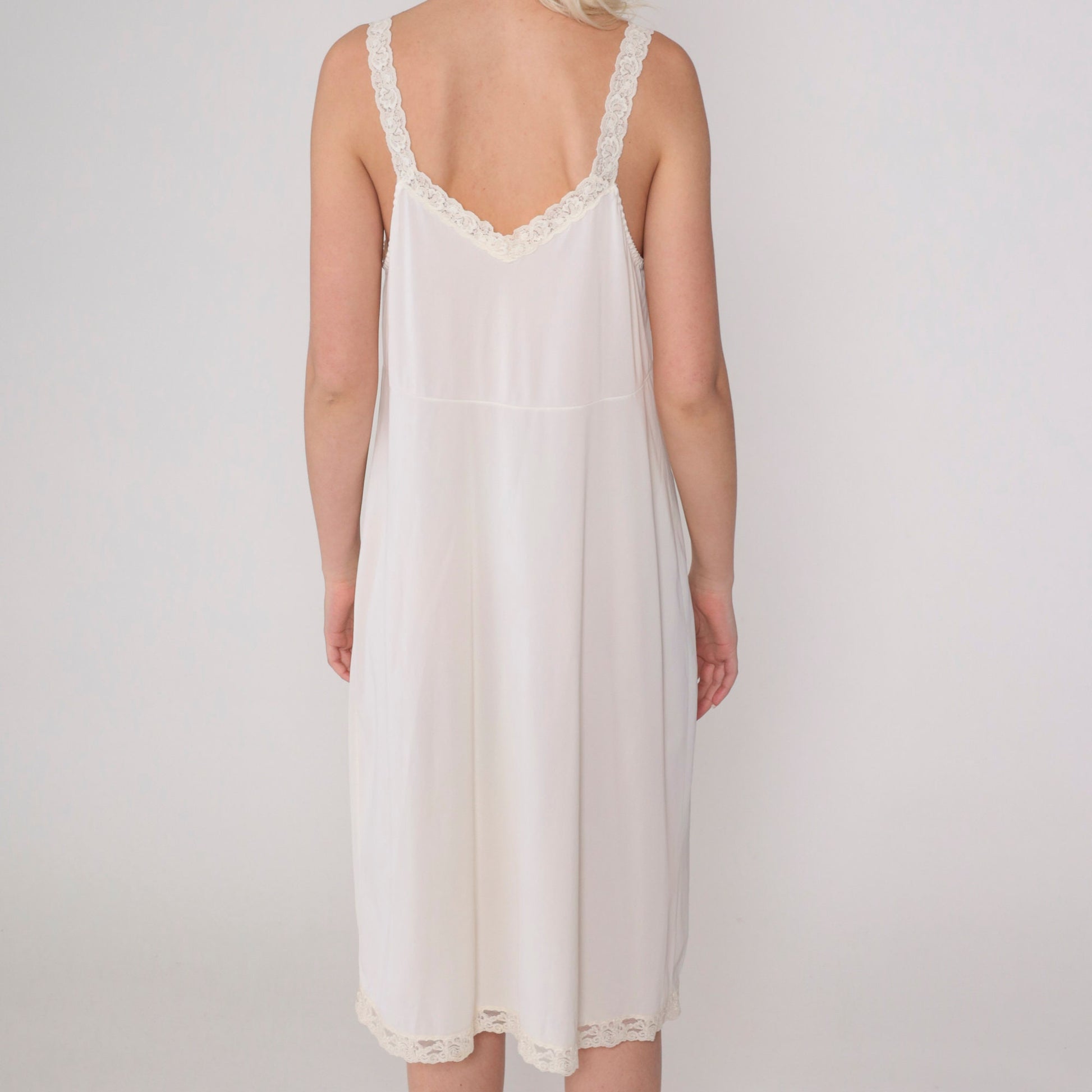 80s White Slip Dress Lace Trim Empire Waist Knee Length Large