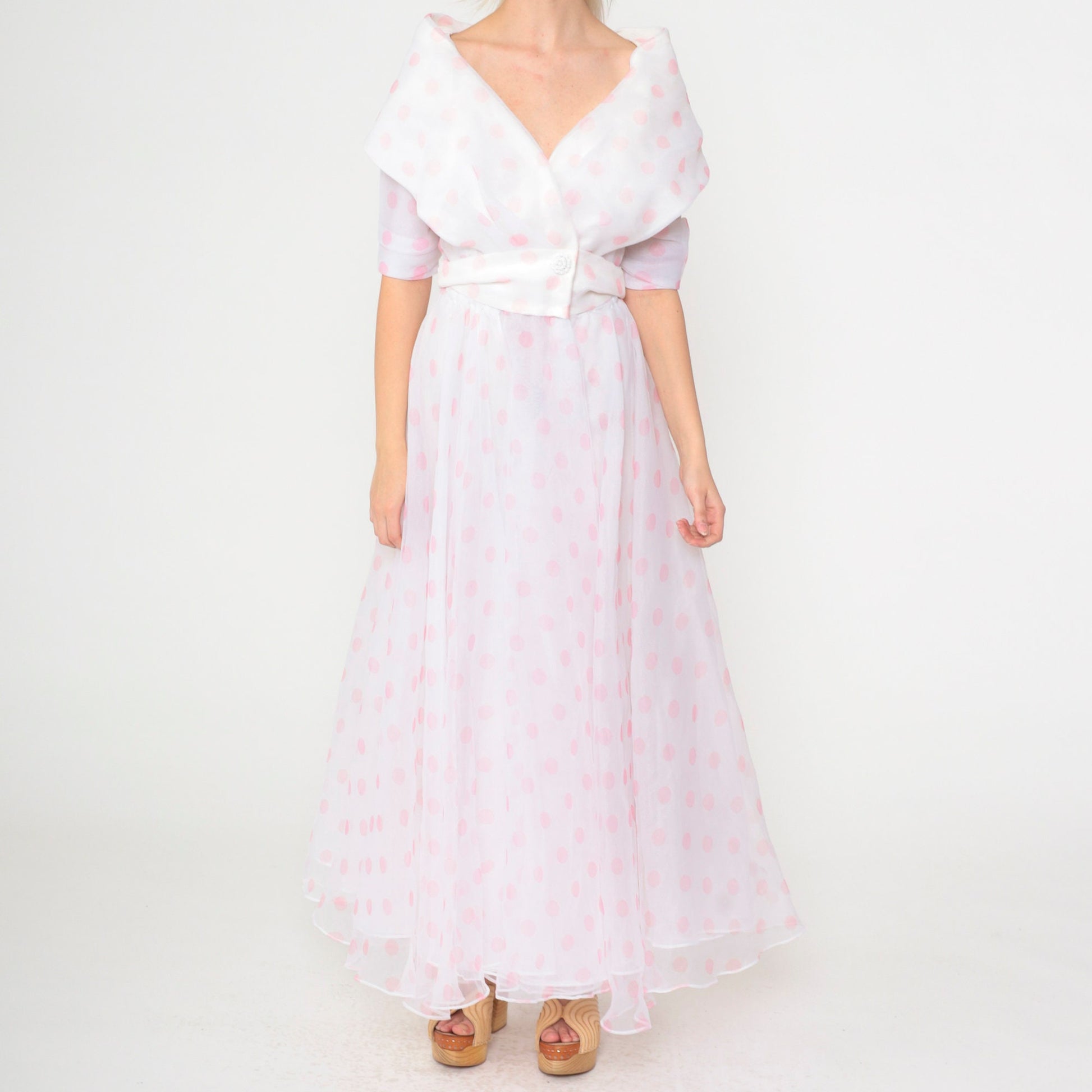 90s White Polka Dot Chiffon Maxi Dress Portrait Collar Pink Small 4