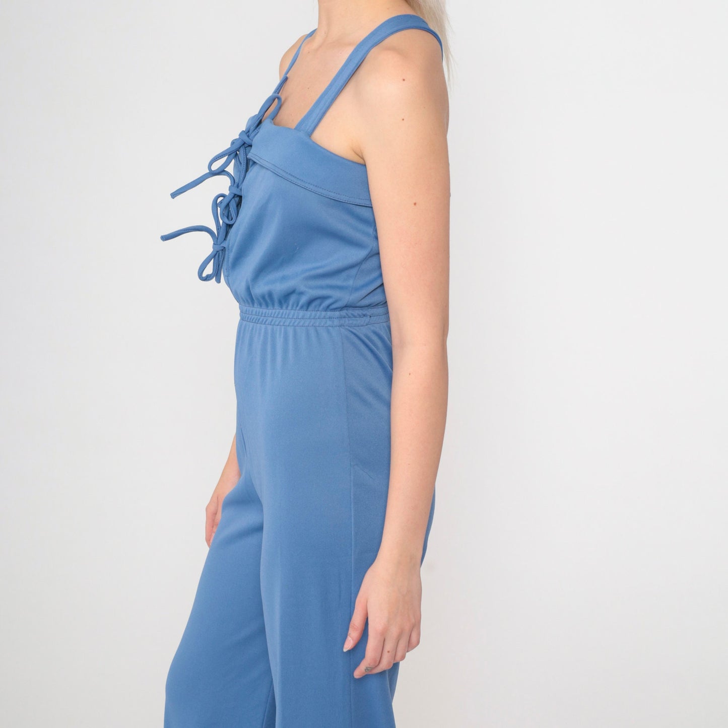 70s Blue Lace-Up Jumpsuit Bell Bottom Tank Straps Criss-Cross Extra Small
