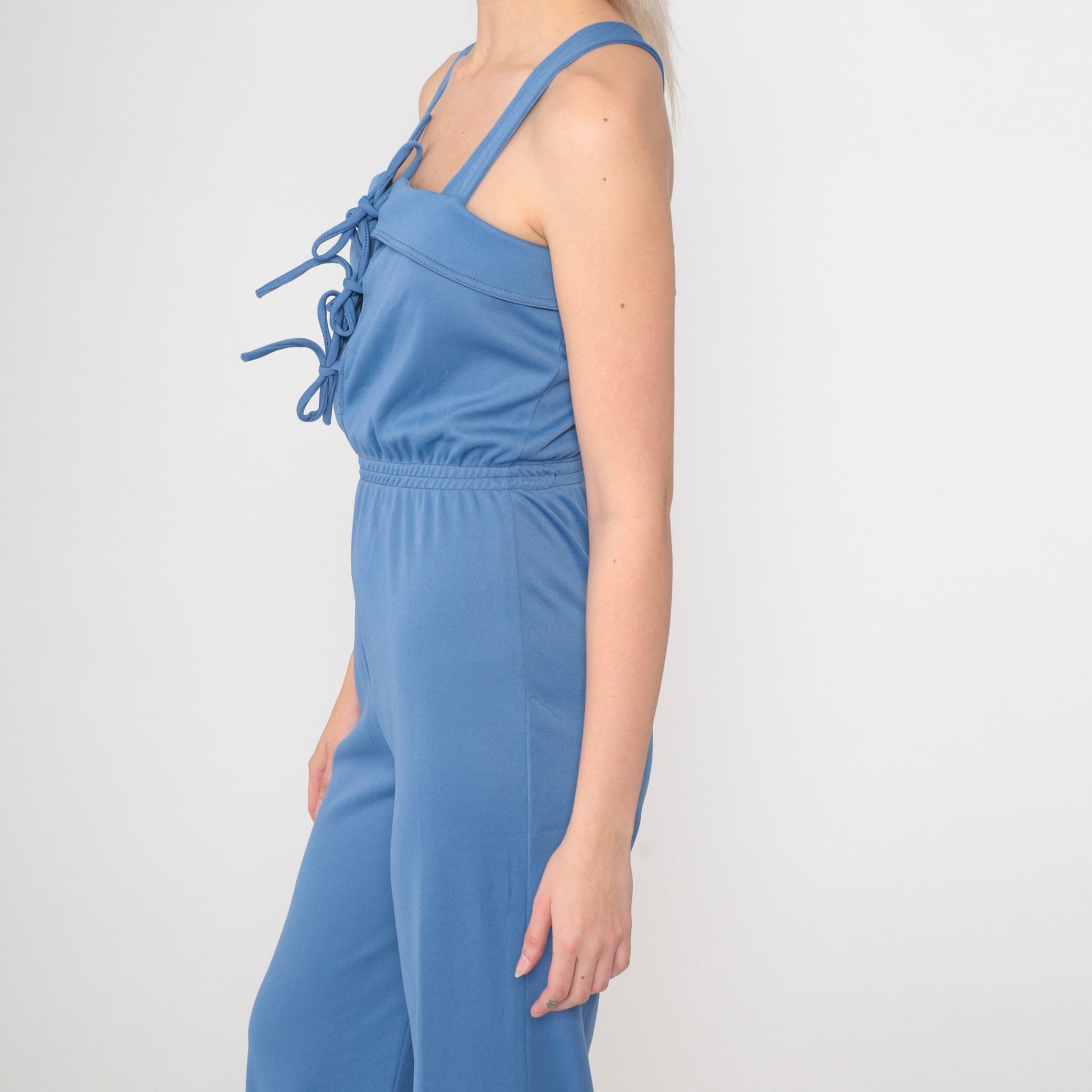 70s Blue Lace-Up Jumpsuit Bell Bottom Tank Straps Criss-Cross Extra Small