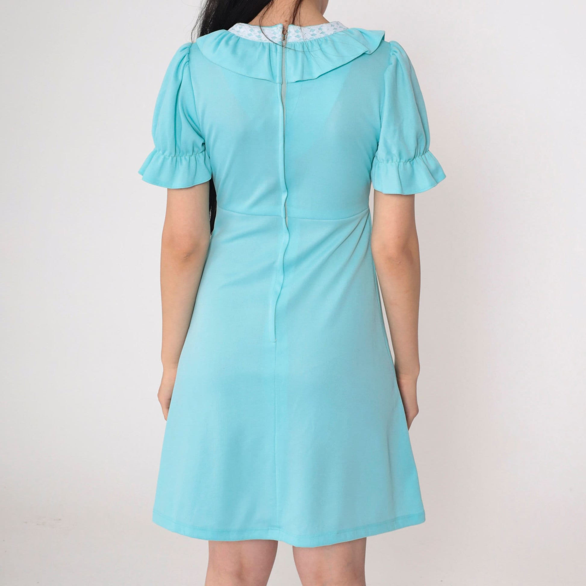 70s Blue Babydoll Mini Dress Empire Waist Puff Sleeve Lace Trim Small