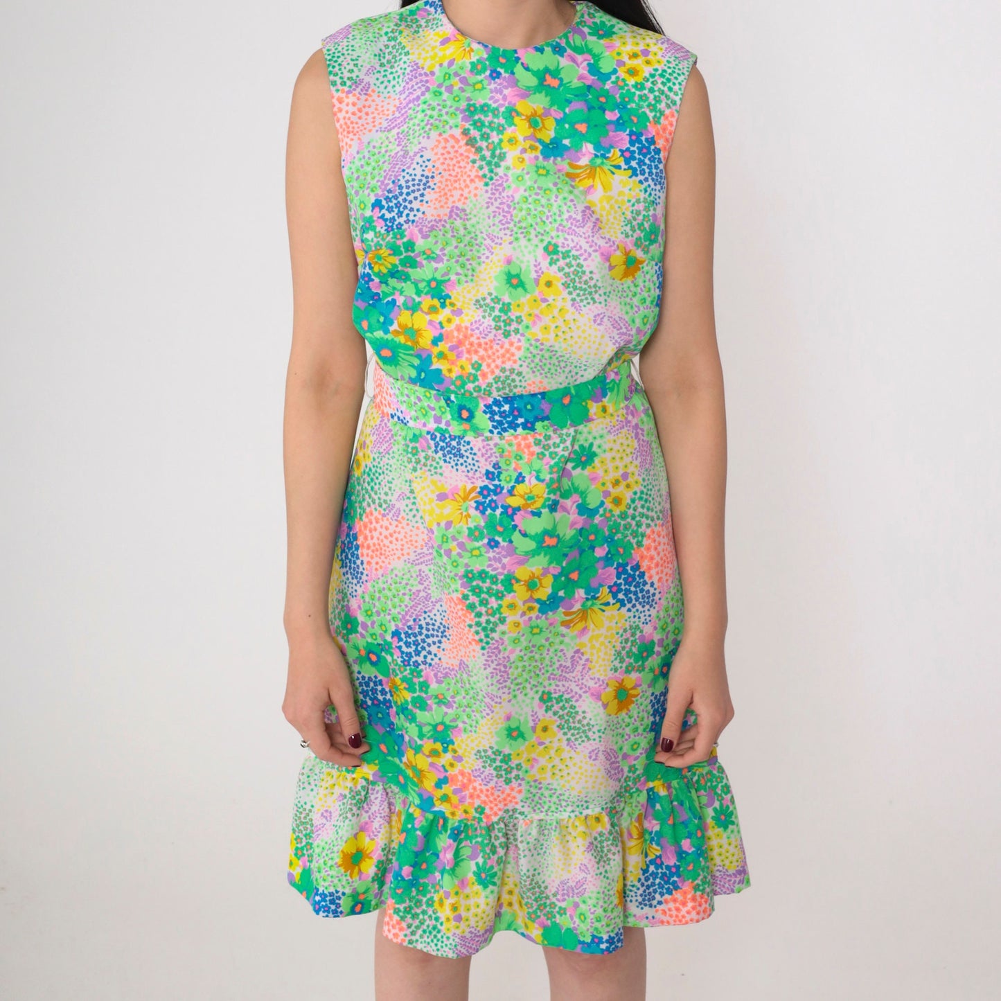 70s Liberty Circle Floral Mini Dress Sleeveless High Waist Small