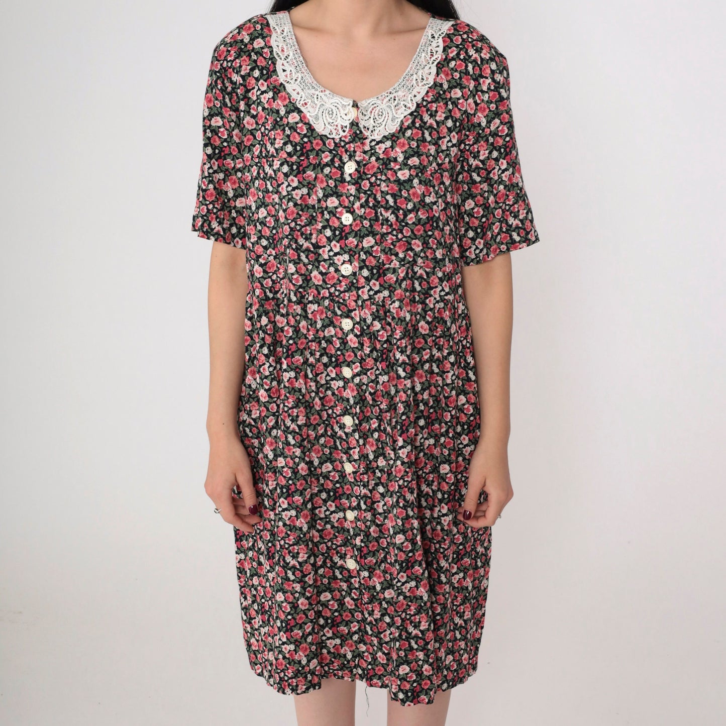 90s Kathie Lee Floral Mini Dress Lace Collar Button-Up Short Sleeve Medium