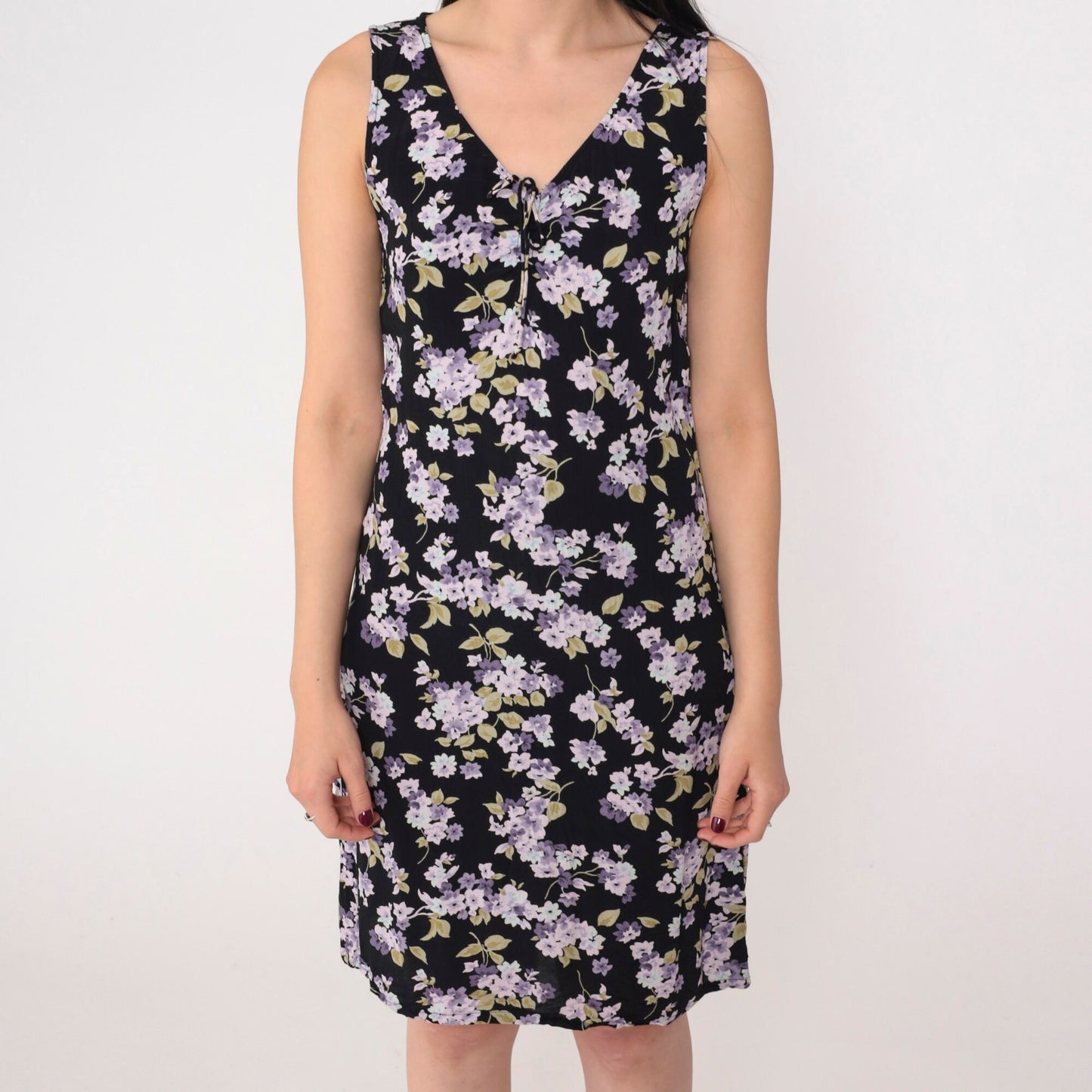 Y2K Gap Black Floral Mini Dress Lilac Print V-Neck Sleeveless Extra Small
