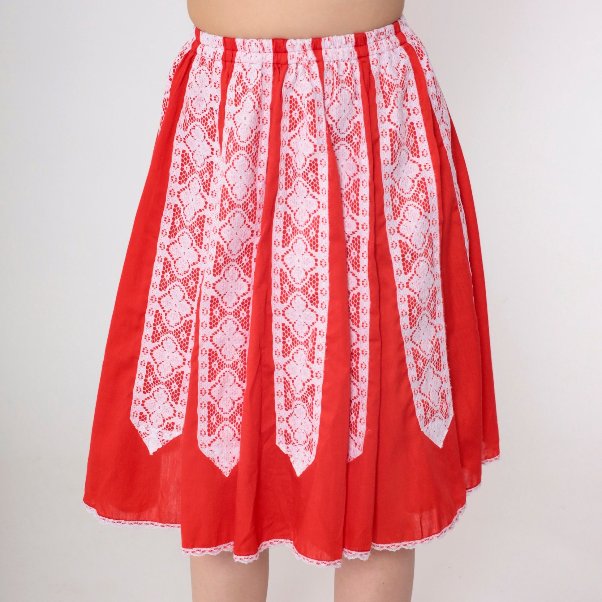 80s Red Lace Trim Mini Skirt White Floral High Waist Extra Small
