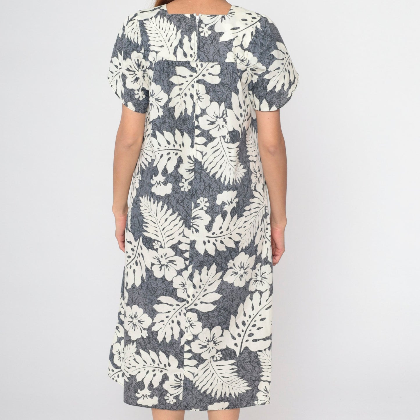 80s Hawaiian Floral Grey Midi Tent Dress Hibiscus Print Medium