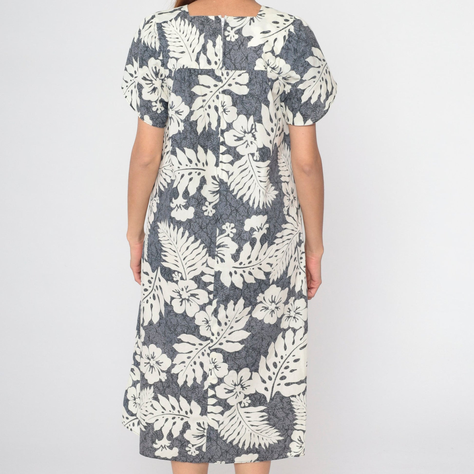 80s Hawaiian Floral Grey Midi Tent Dress Hibiscus Print Medium