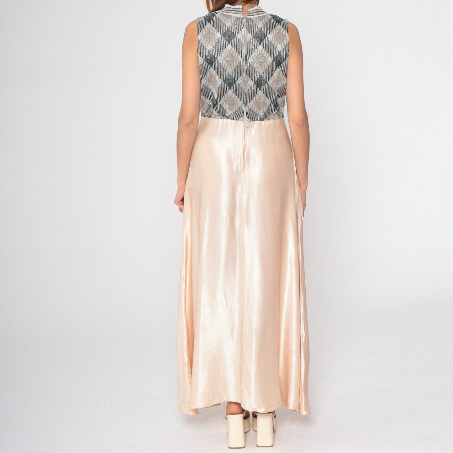 70s Metallic Checkered Maxi Dress Silver Champagne V Neck Sleeveless Medium
