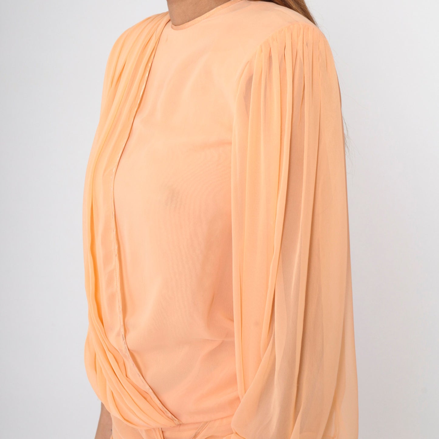 80s Peach Chiffon Shift Dress Puff Sleeve Draped Bodice Small