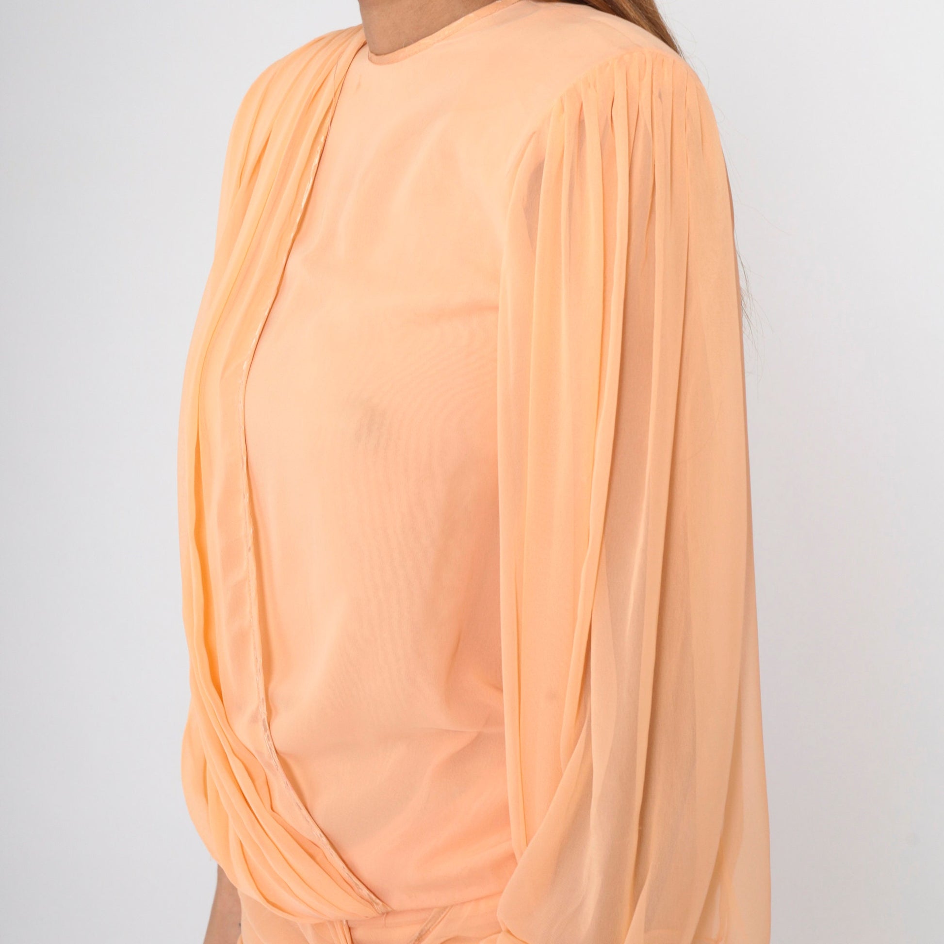 80s Peach Chiffon Shift Dress Puff Sleeve Draped Bodice Small