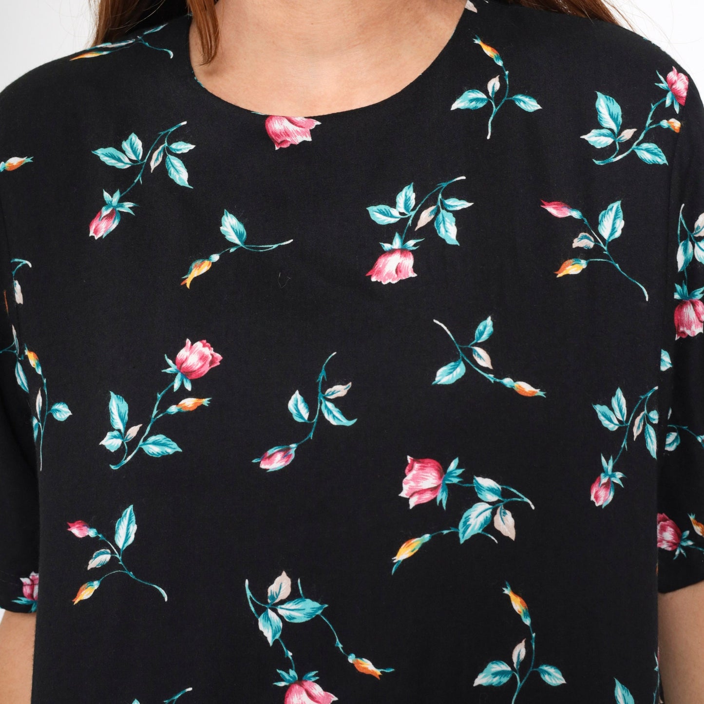 90s Black Floral Rayon Blouse Short Sleeve Rose Print Shirt Medium