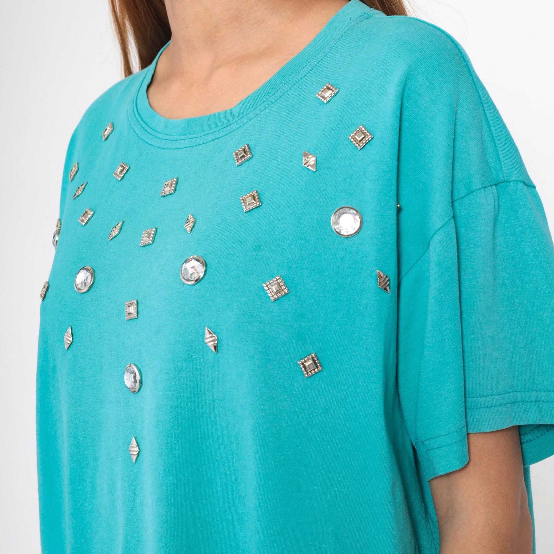 90s Turquoise Studded T-Shirt Silver Rhinestone Embellished Cotton Large L