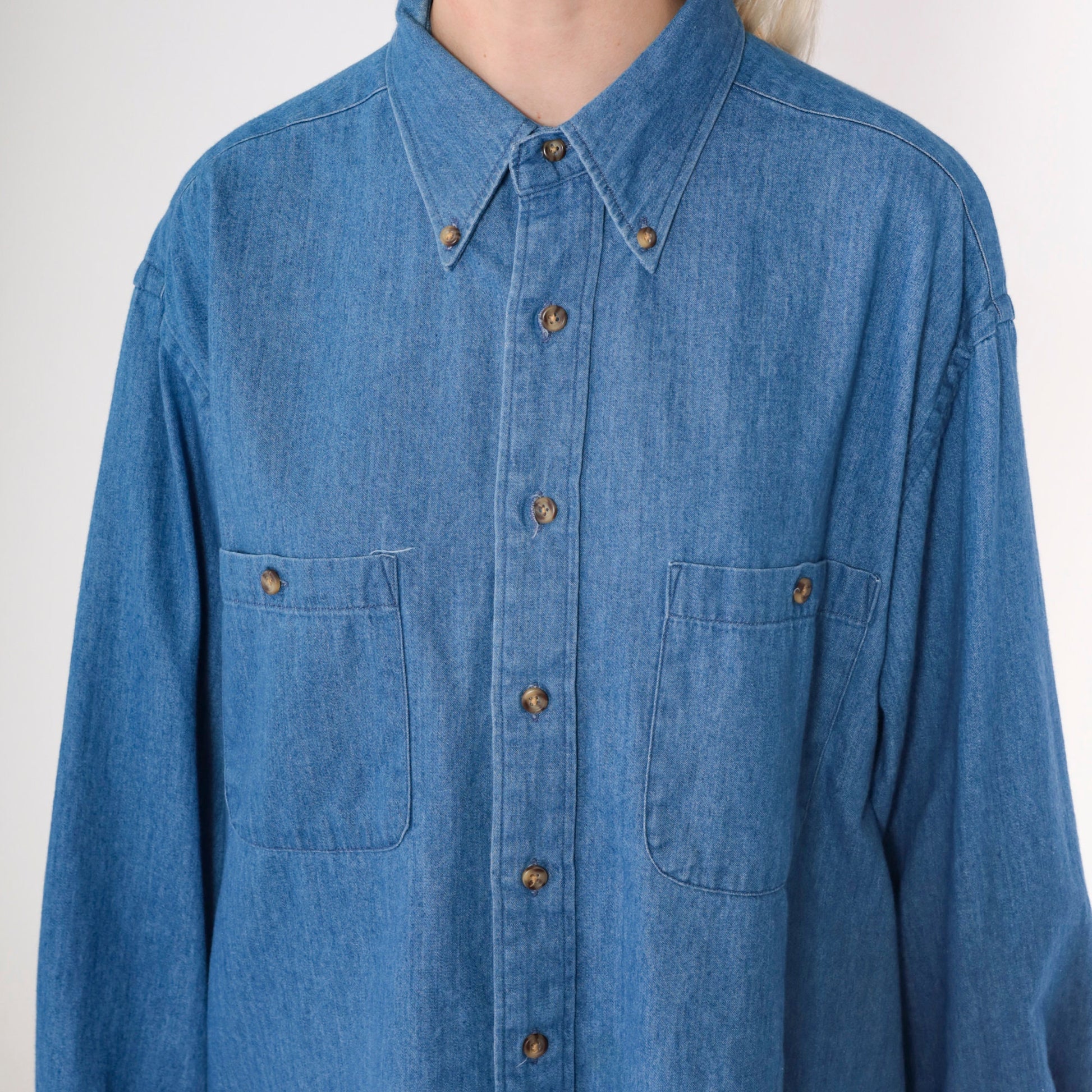 90s Club Room Blue Denim Button-Up Shirt Long Sleeve Cotton Men's 16 1/2