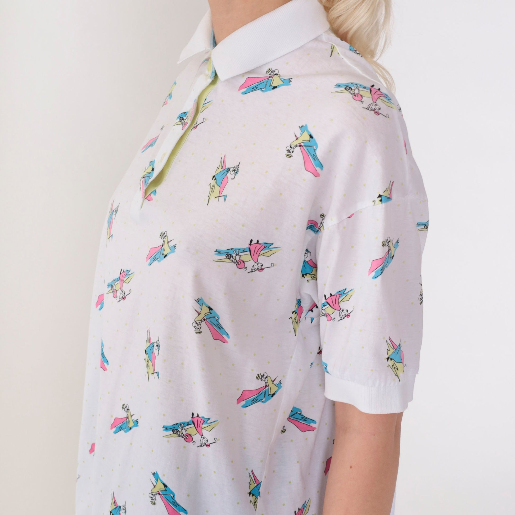 90s La Mode Women's Golf Polo Shirt White Graphic Collared Cotton Medium