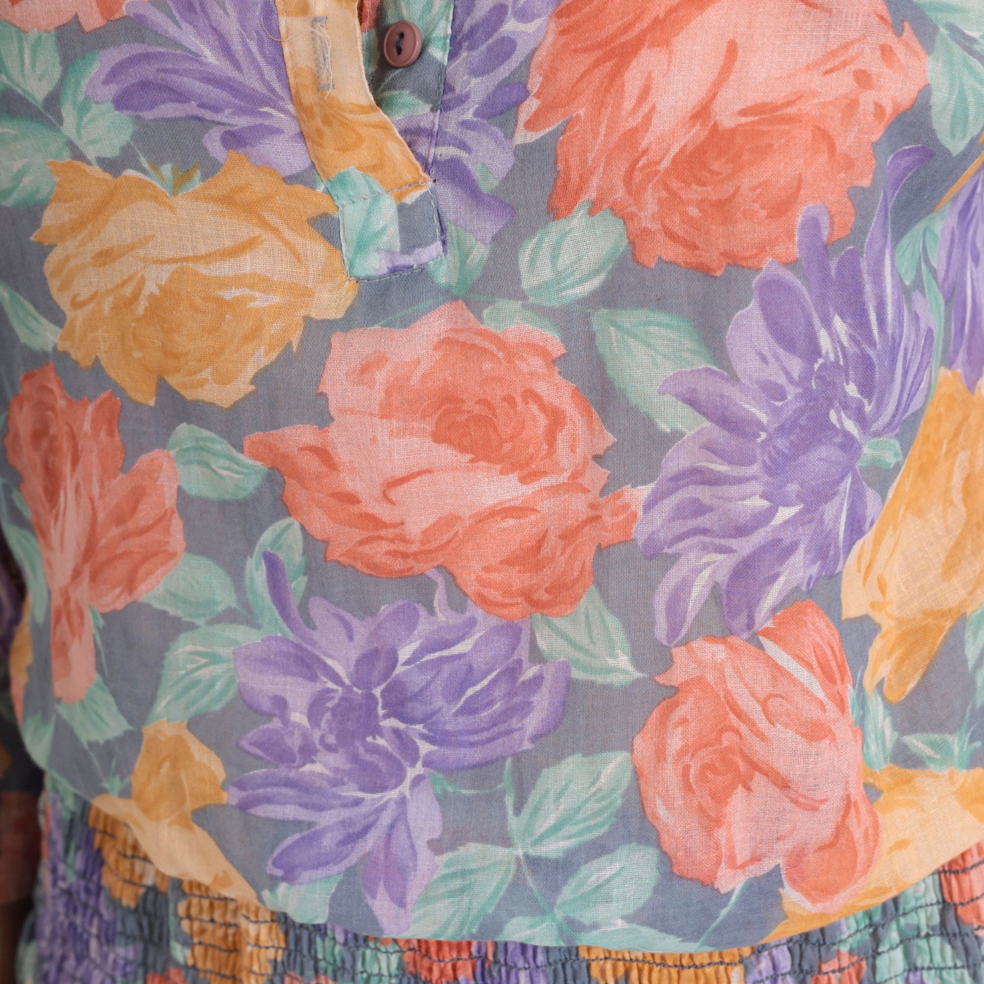 80s Starlo Fashions Floral Midi Dress Smocked Waist Henley Neckline Medium