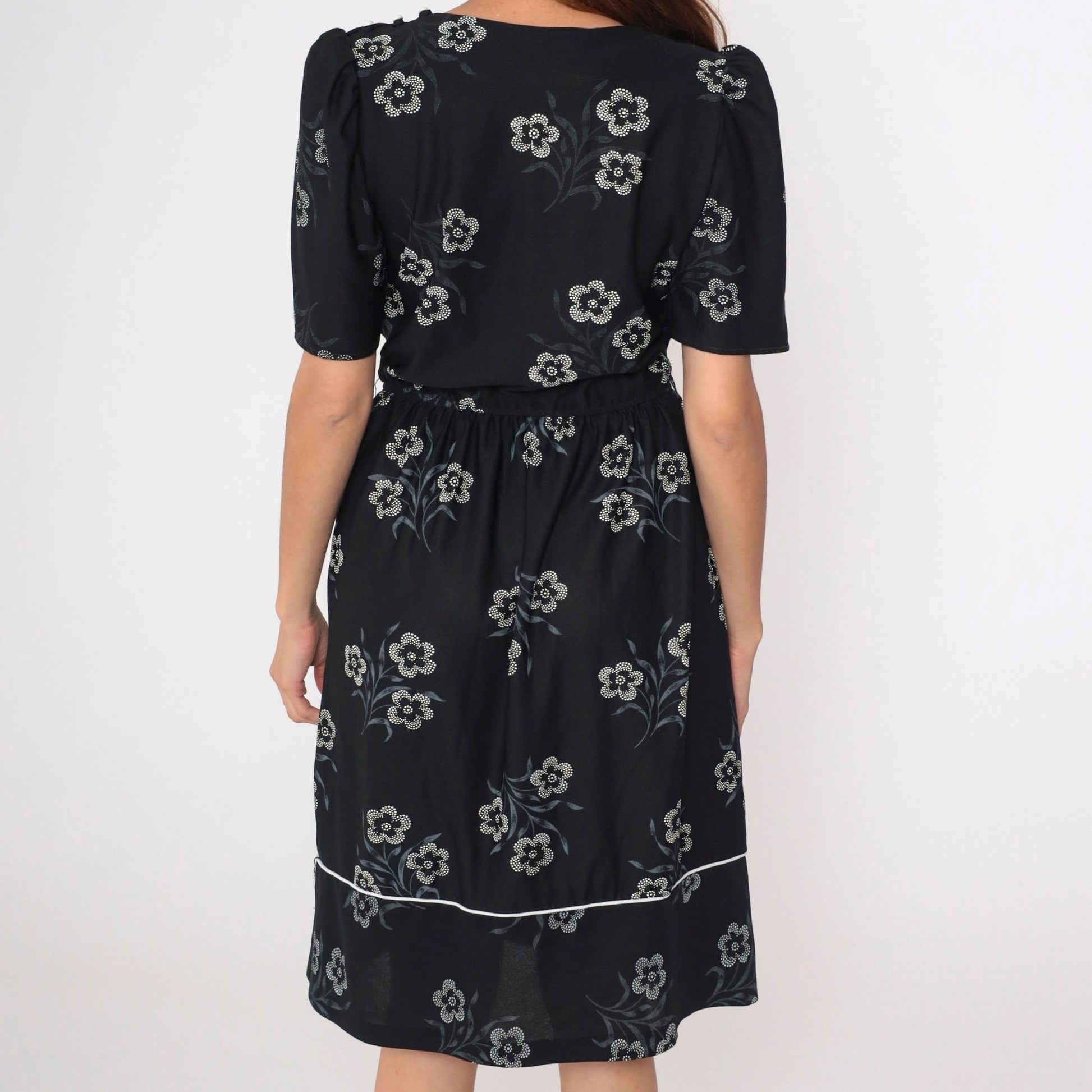 80s Black Floral Midi Dress Puff Sleeve High Waist Button Shoulder Medium