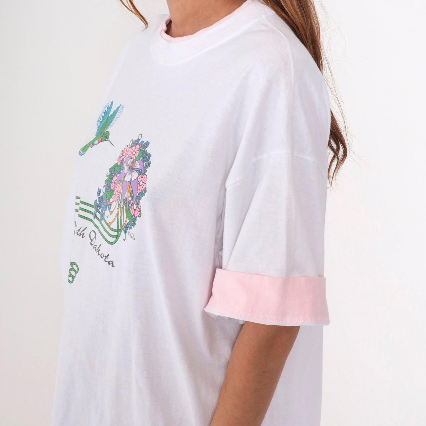 80s South Dakota Hummingbird Floral Graphic T-Shirt White Cotton Extra Large XL