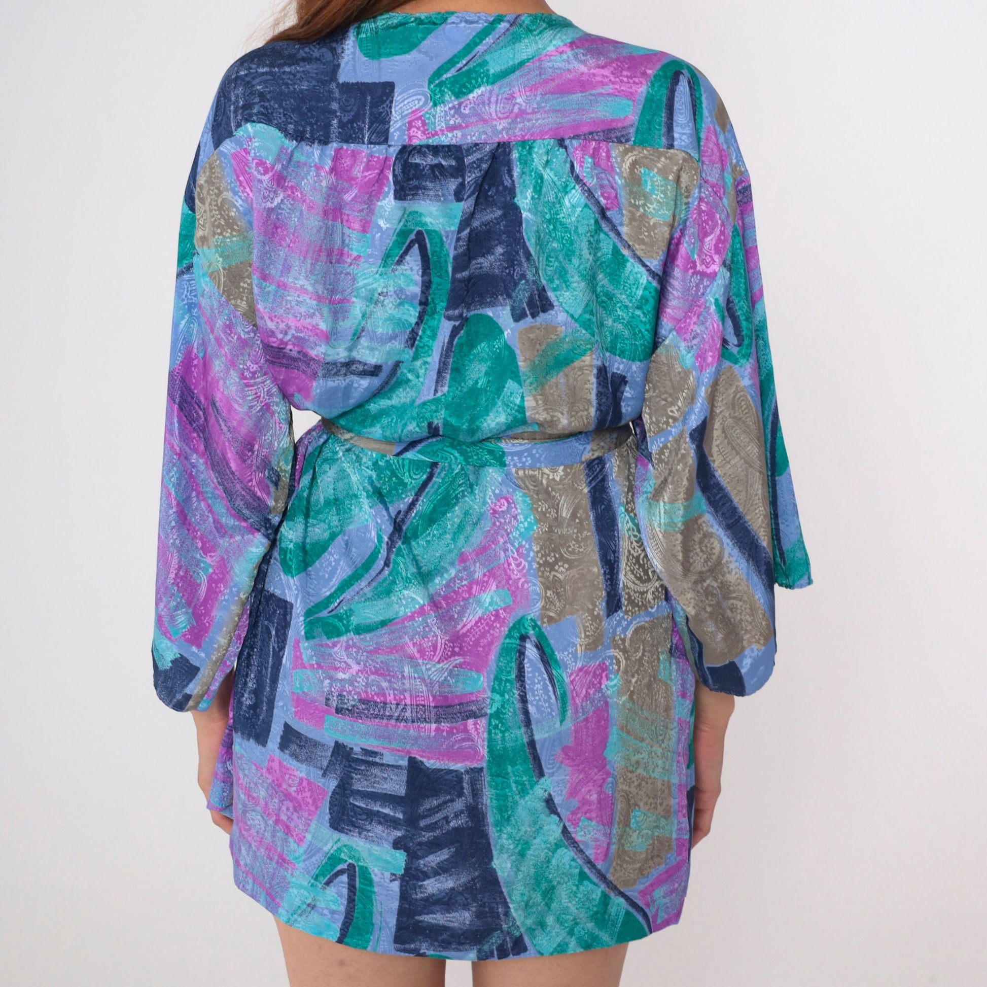 90s Brushstroke Paisley Kimono Robe Mini Purple Blue Small
