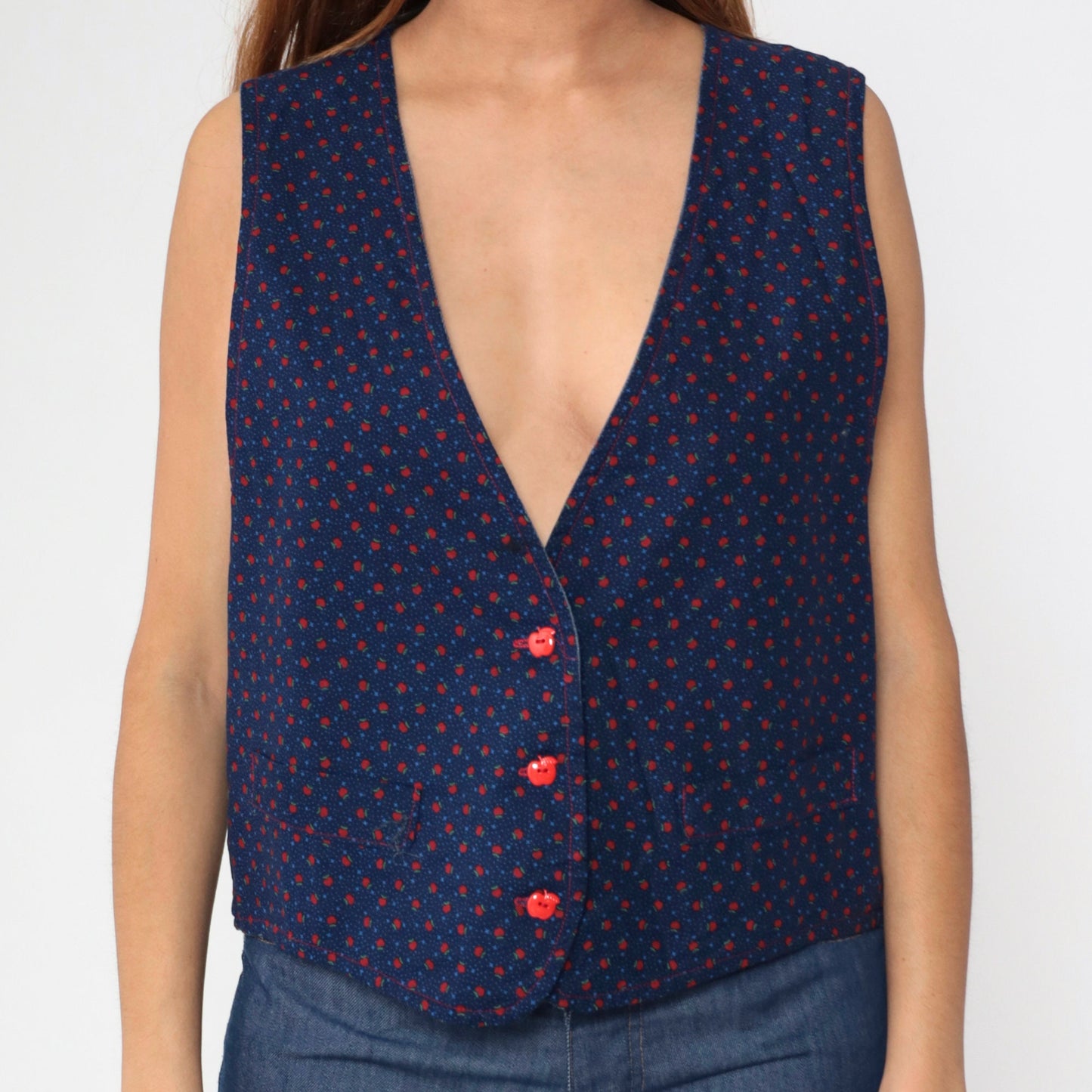 70s Blue Button-Up Vest Apple Print Sleeveless Jacket Medium