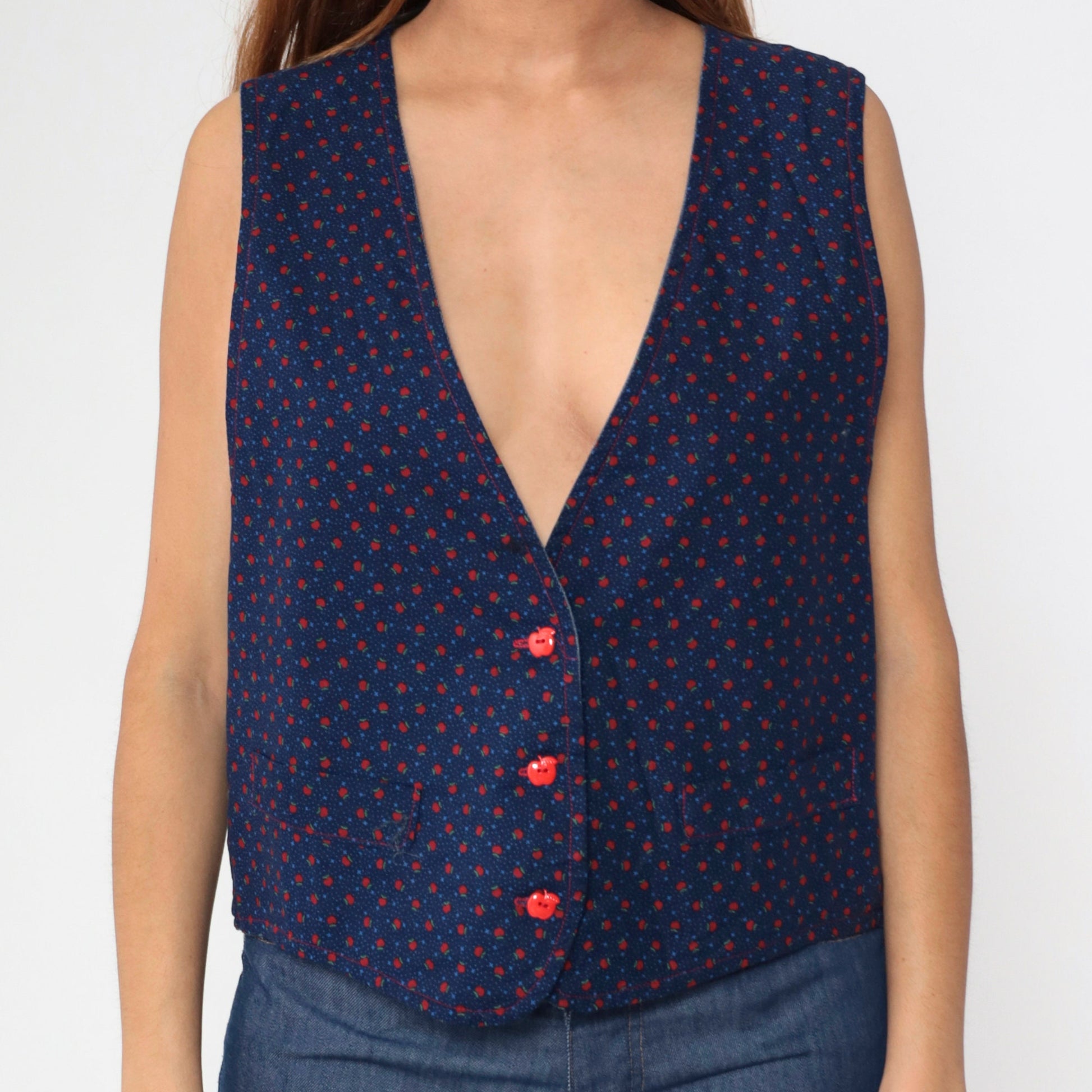 70s Blue Button-Up Vest Apple Print Sleeveless Jacket Medium