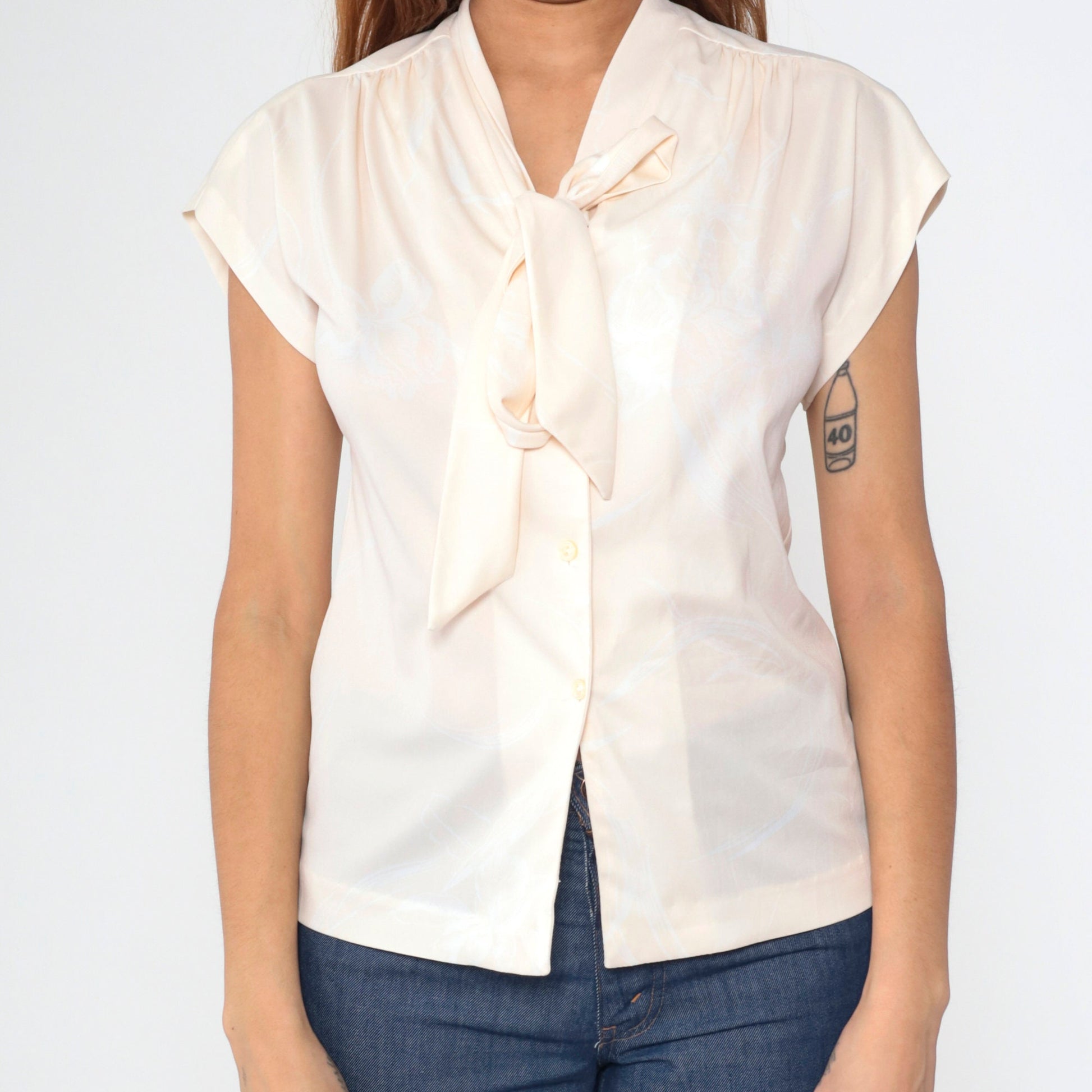 70s Graff Ascot Blouse Cream Abstract Print Button-Up Cap Sleeve Small