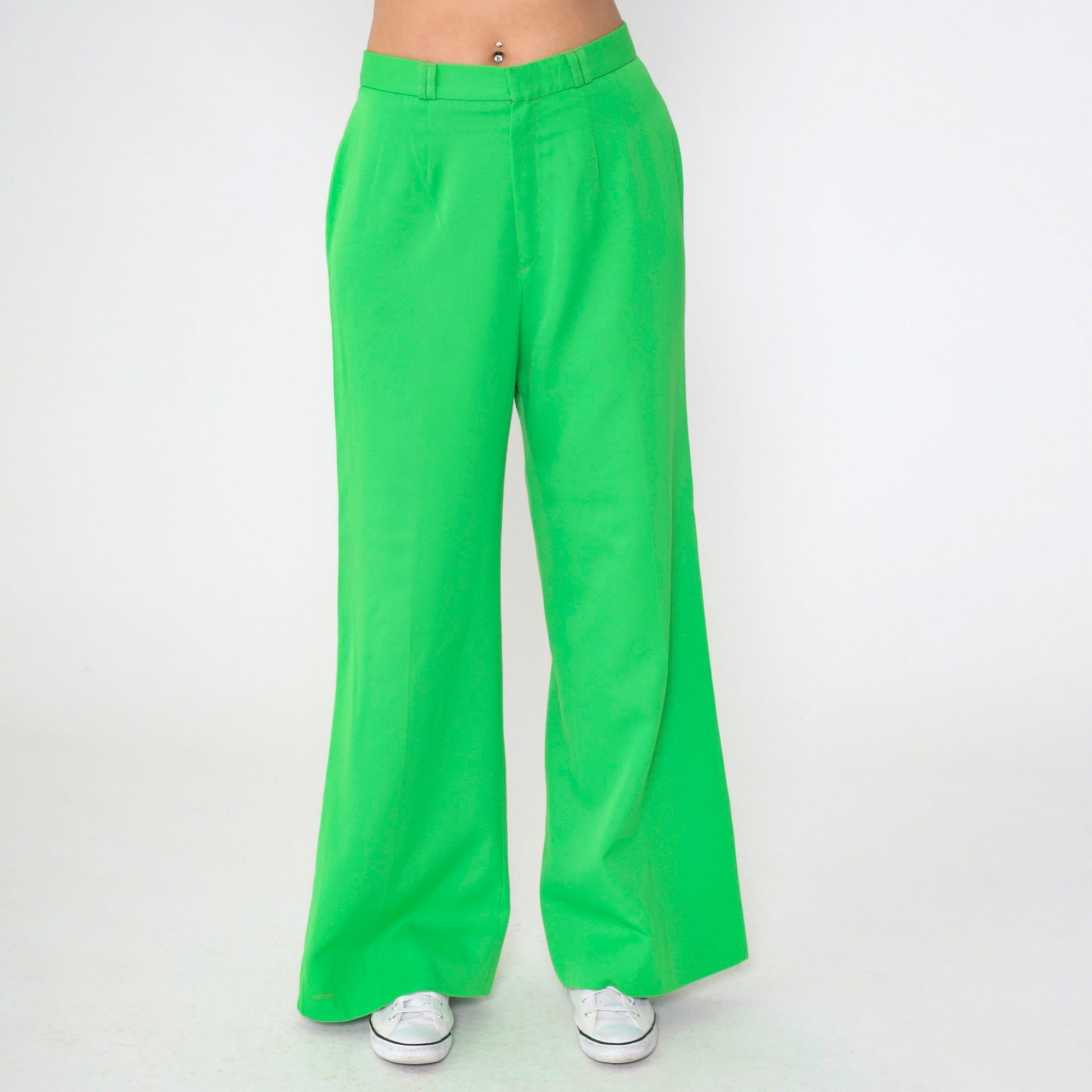 70s Bright Green Bell Bottom Pants High Waist Flared Trousers Medium