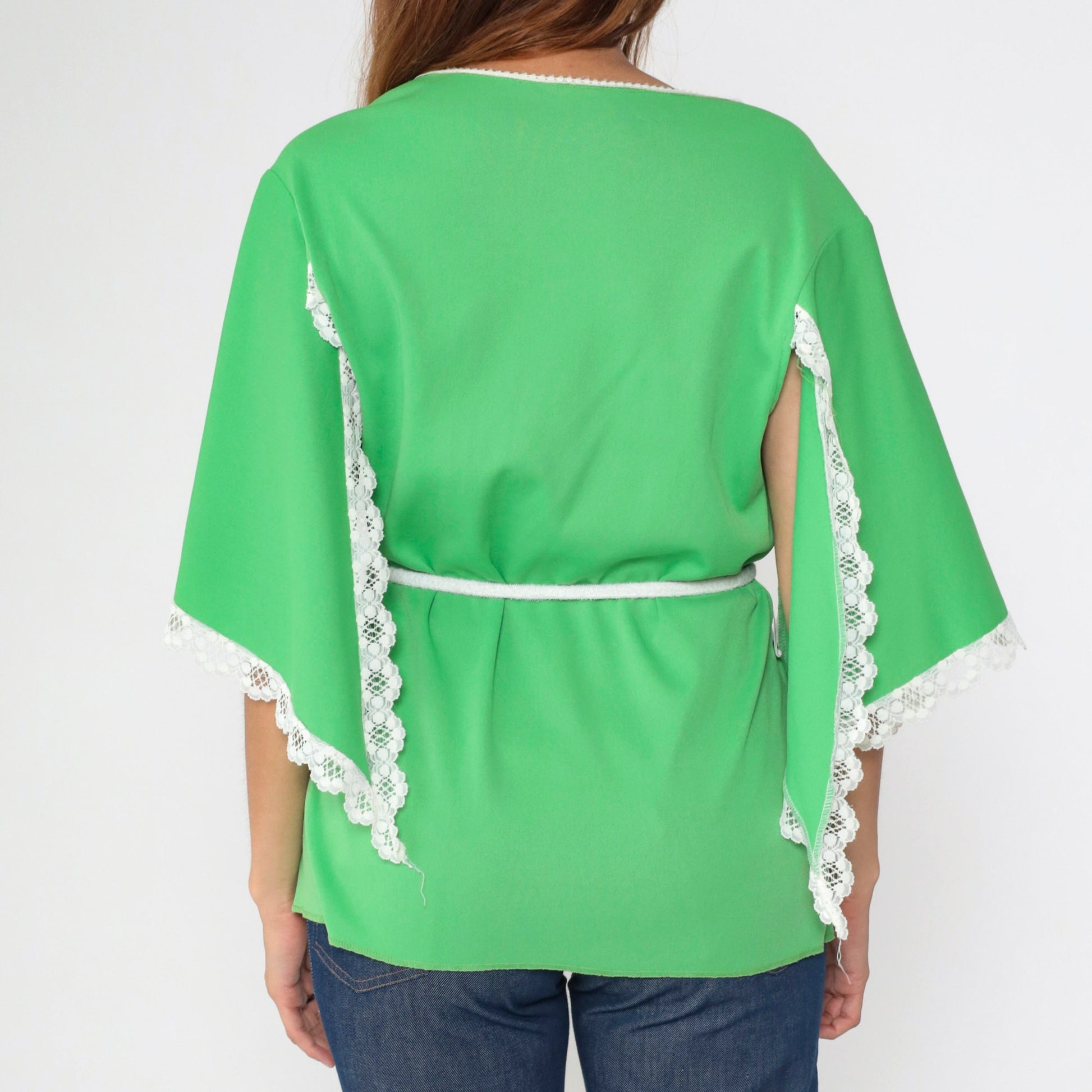 70s Lime Green Angel Sleeve Blouse White Lace Trim Drawstring Medium M