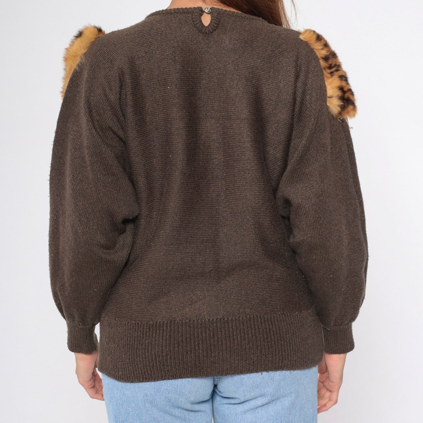80s Brown Beaded Faux Fur Knit Sweater Dolman Sleeve Crewneck Medium