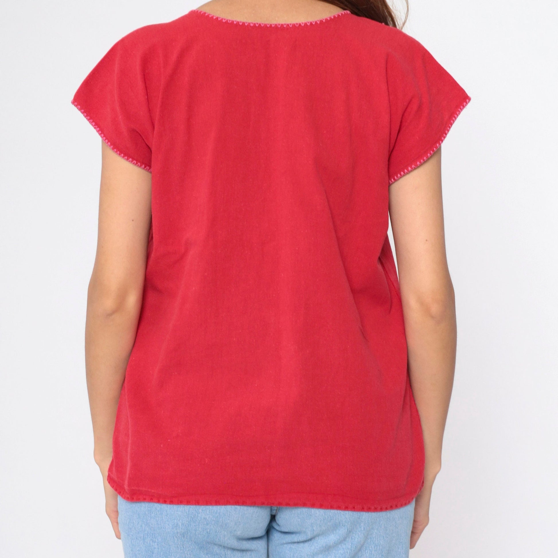 90s Mexican Embroidered Floral Blouse Red Short Sleeve Medium