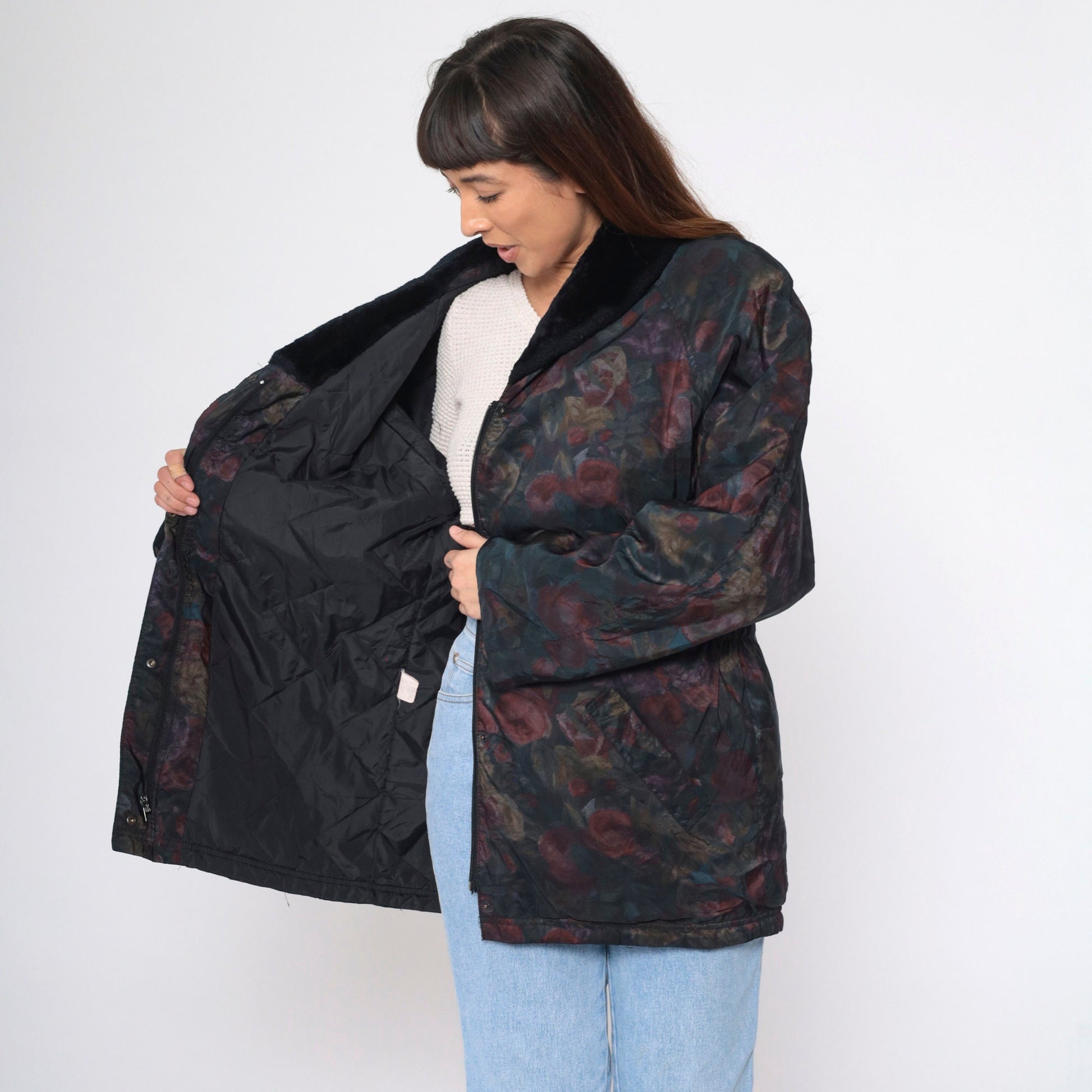 90s Aeros Puffer Jacket Floral Print Faux Fur Collar Windbreaker Large L