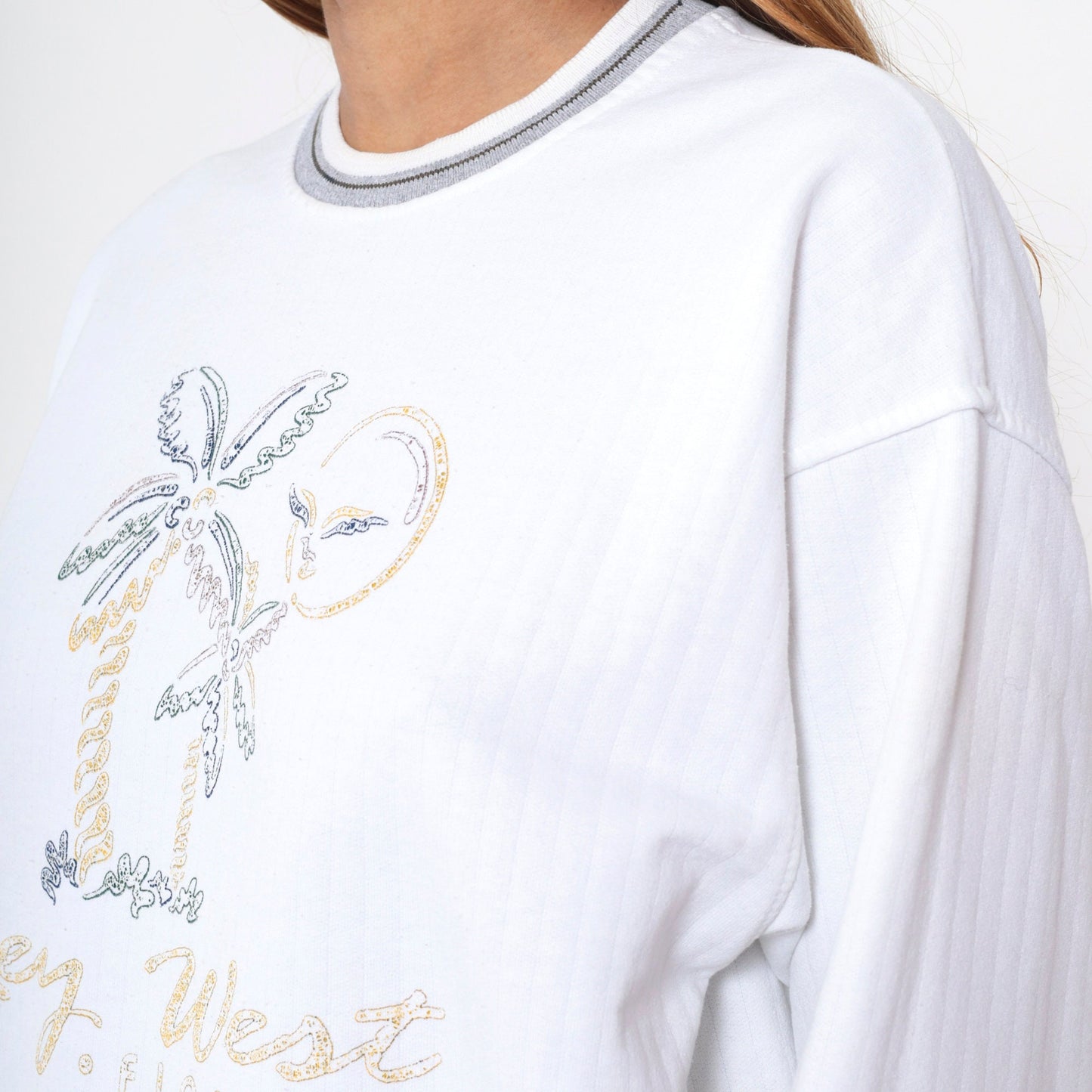 90s Key West Florida Sweatshirt White Graphic Beach Palm Ringer Large L