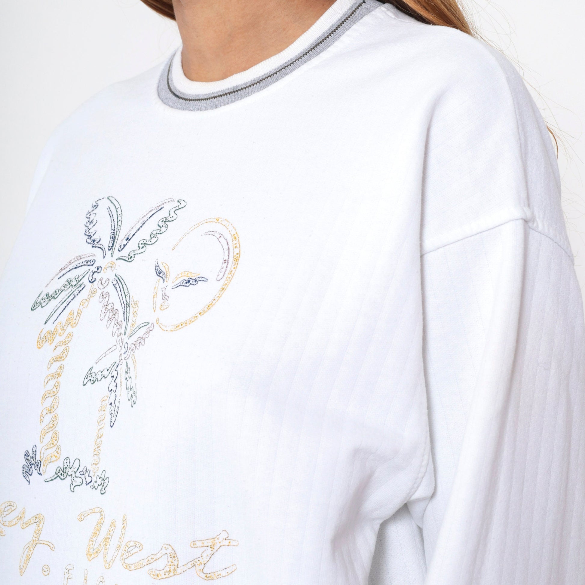90s Key West Florida Sweatshirt White Graphic Beach Palm Ringer Large L