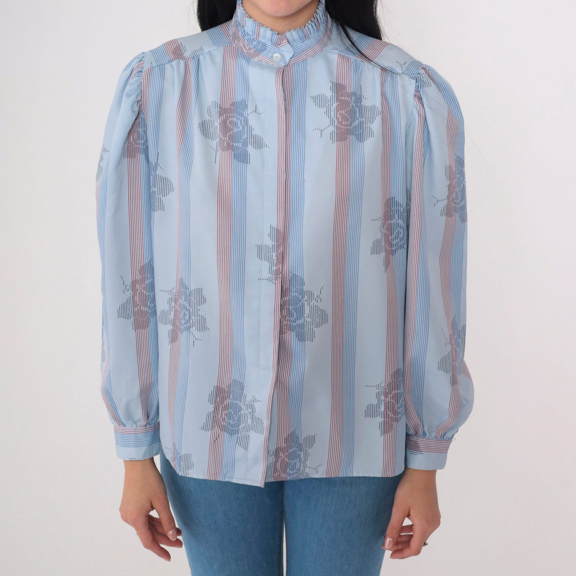 70s Blue Striped Floral Rose Button-Up Blouse High Pleated Neck Long Sleeve Medium M