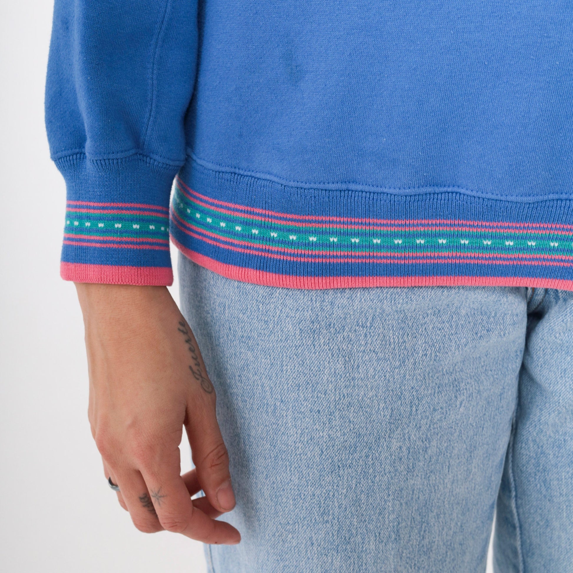 90s Blue Mock Neck Sweatshirt Pink Ringer Trim Small