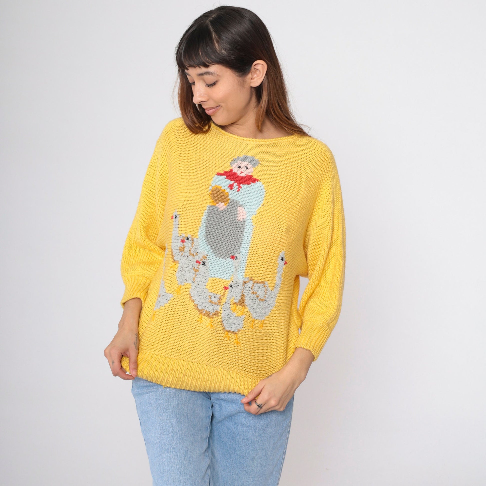 80s Mother Goose Farm Animal Yellow Dolman Sweater Novelty Knit Small