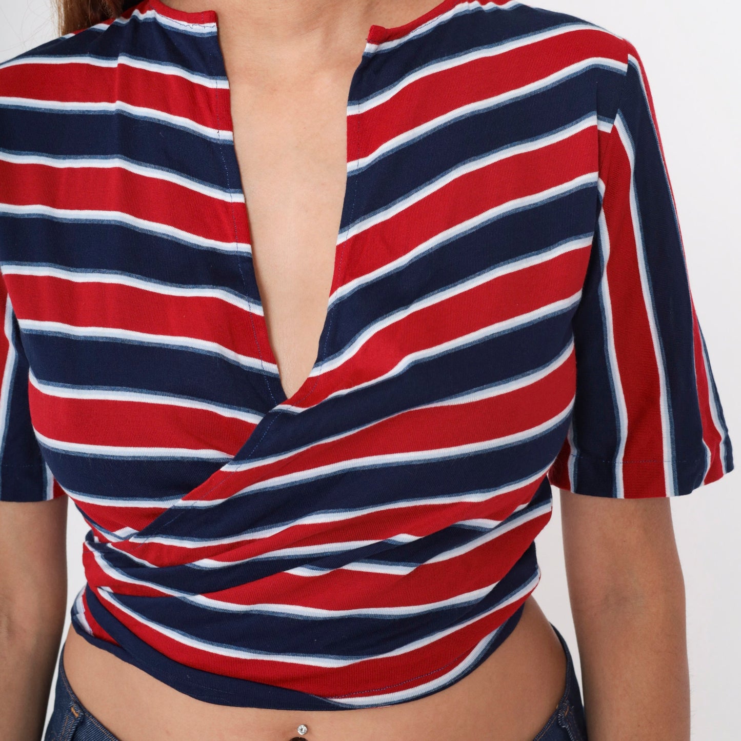 70s Red White Blue Striped Wrap Crop Top Short Sleeve V-Neck Medium Large