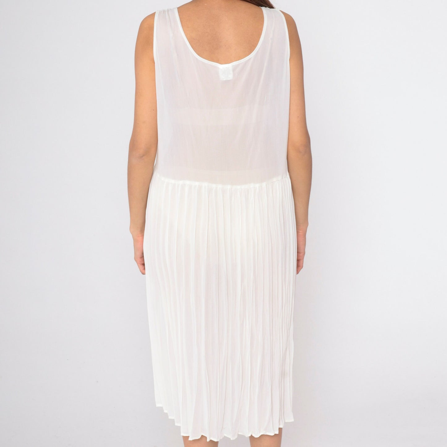 80s Sheer White Pleated Midi Dress Drop Waist Sleeveless Scoop Neck Large 12