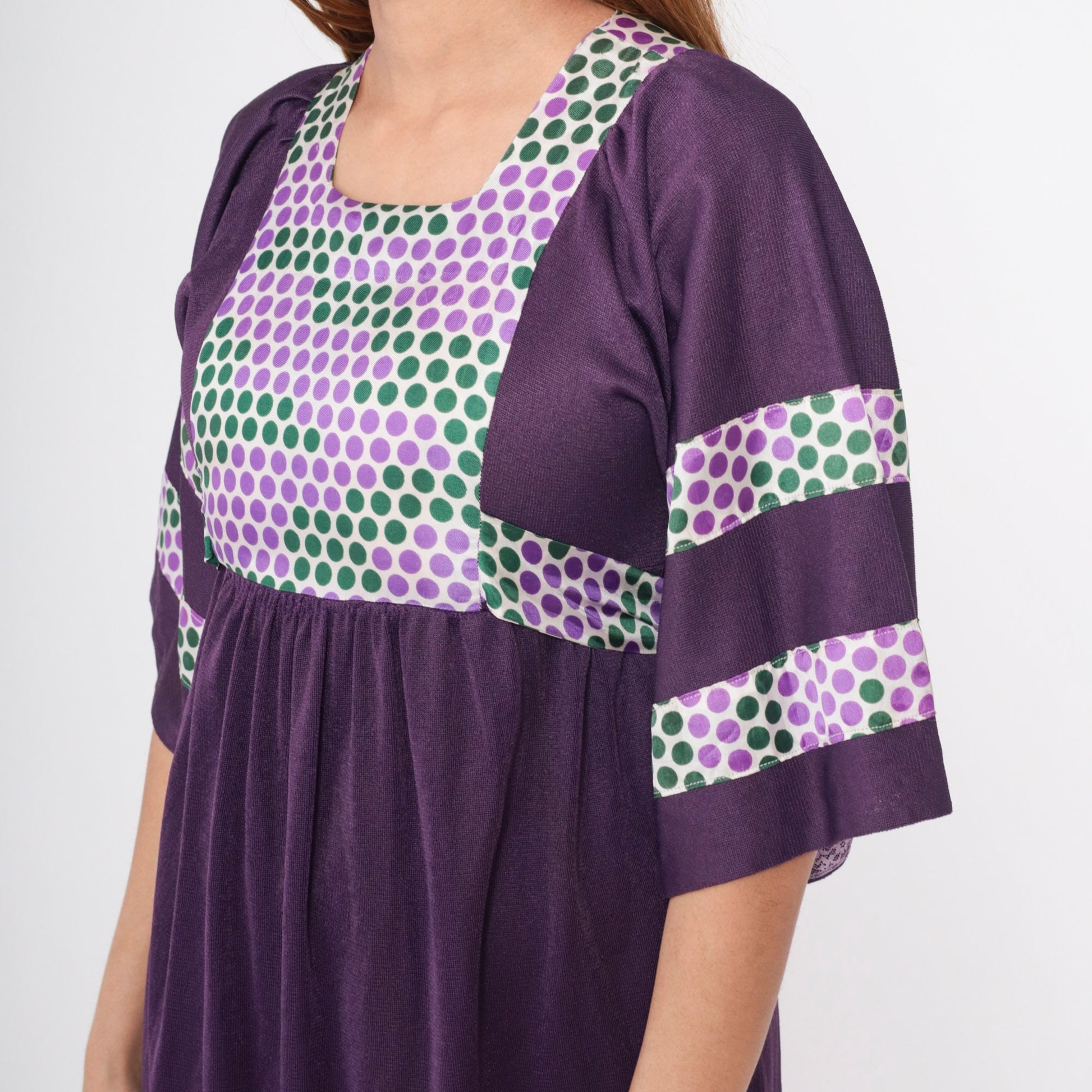 70s Deep Purple Polka Dot Maxi Dress Wide Sleeve Empire Waist Small