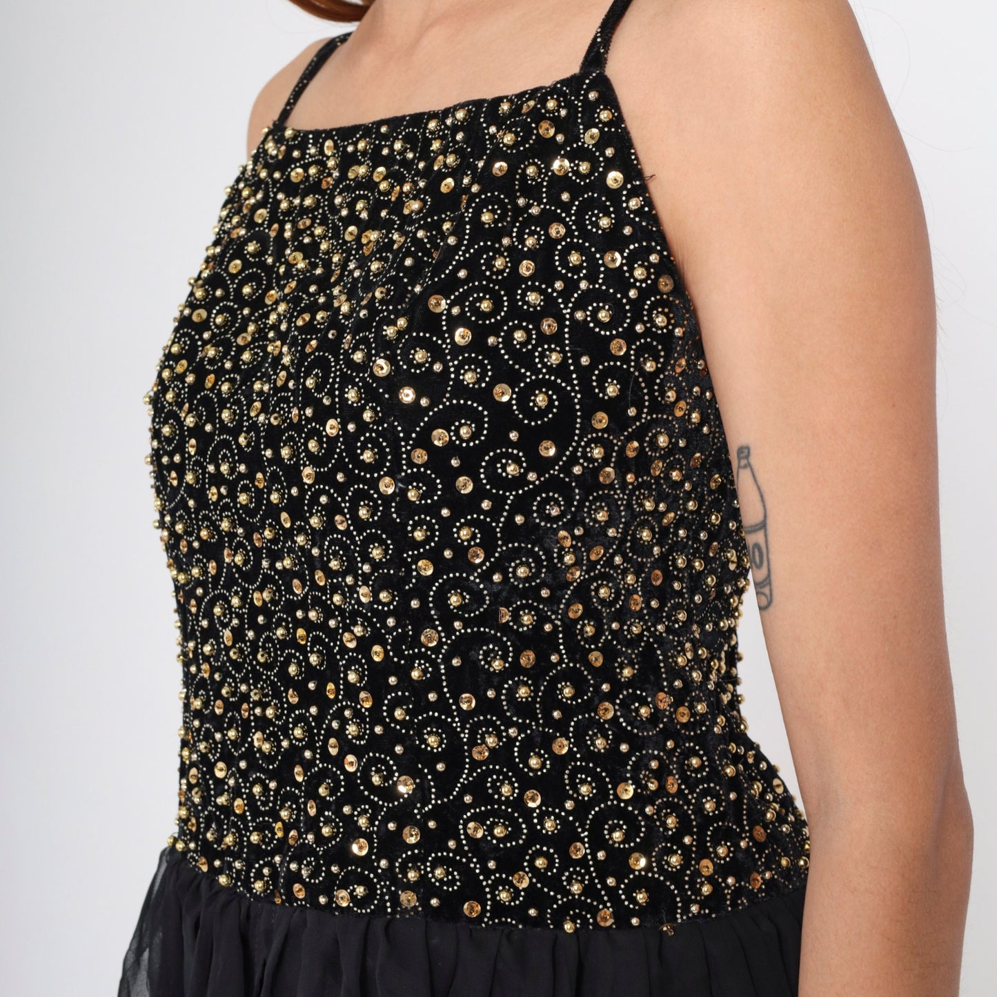 80s Black Velvet Beaded Chiffon Midi Dress Gold Sequins Spaghetti Strap Small