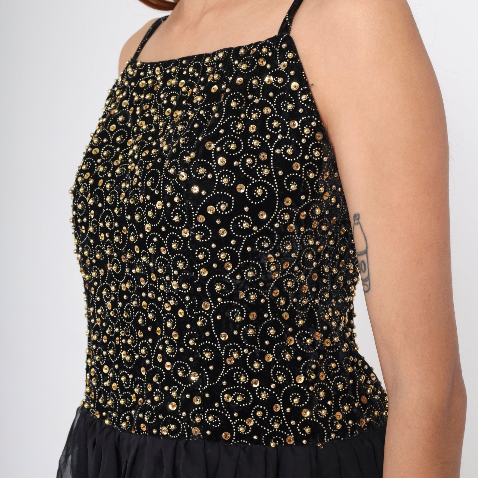 80s Black Velvet Beaded Chiffon Midi Dress Gold Sequins Spaghetti Strap Small