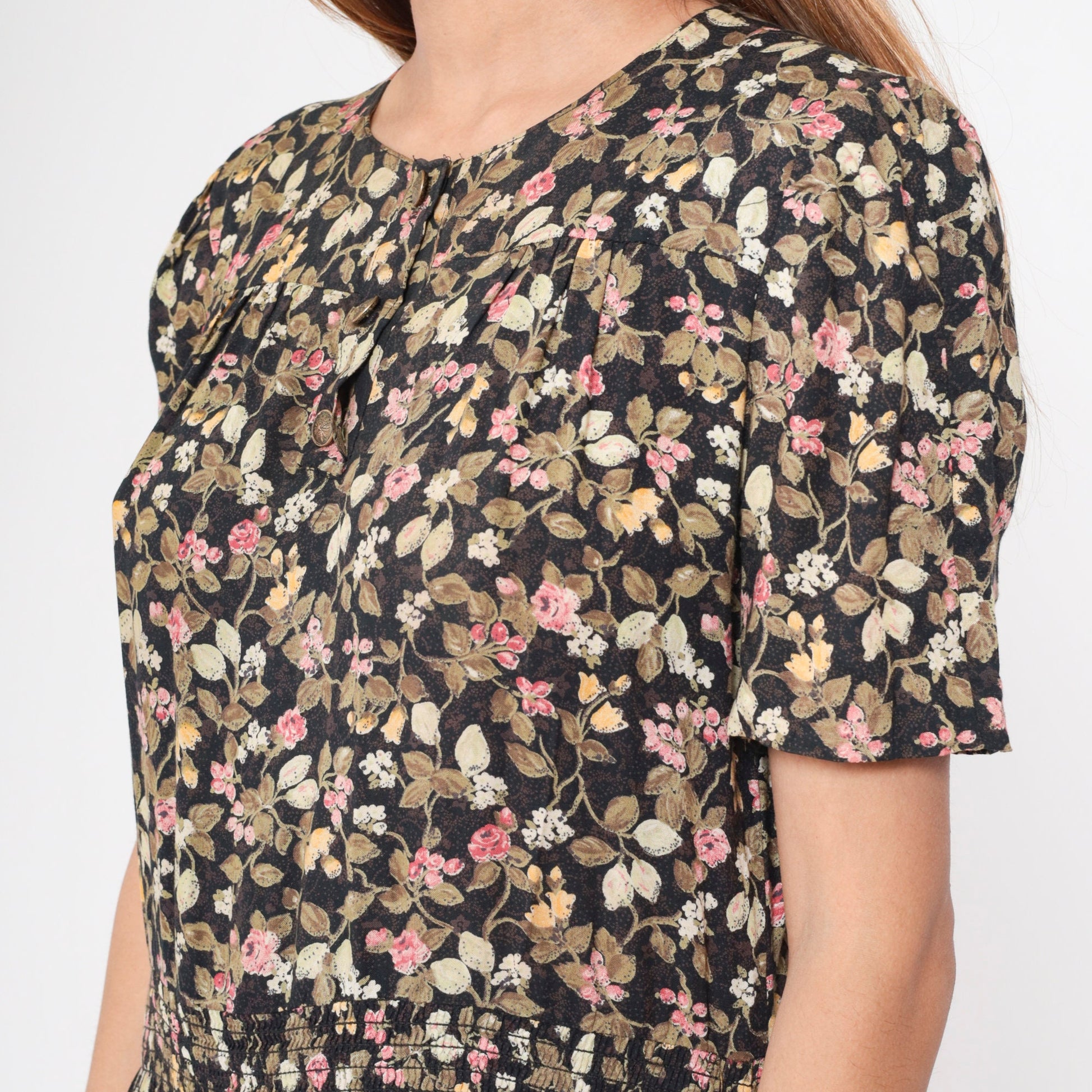 80s Floral Button-Up Midi Dress Black Olive Pink Puff Sleeve Smocked Small
