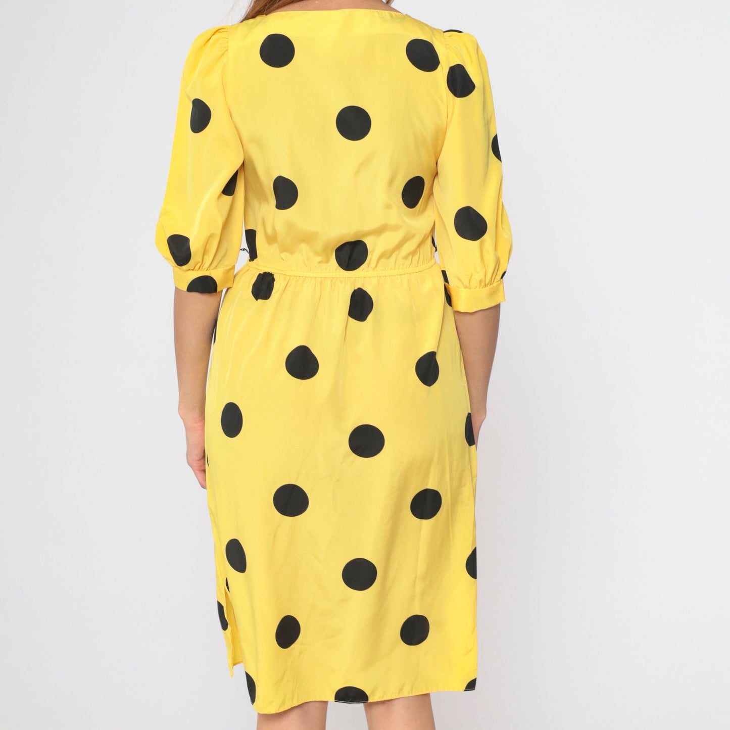 80s Yellow Polka Dot Midi Dress Puff Sleeve Square Neck High Waist Small